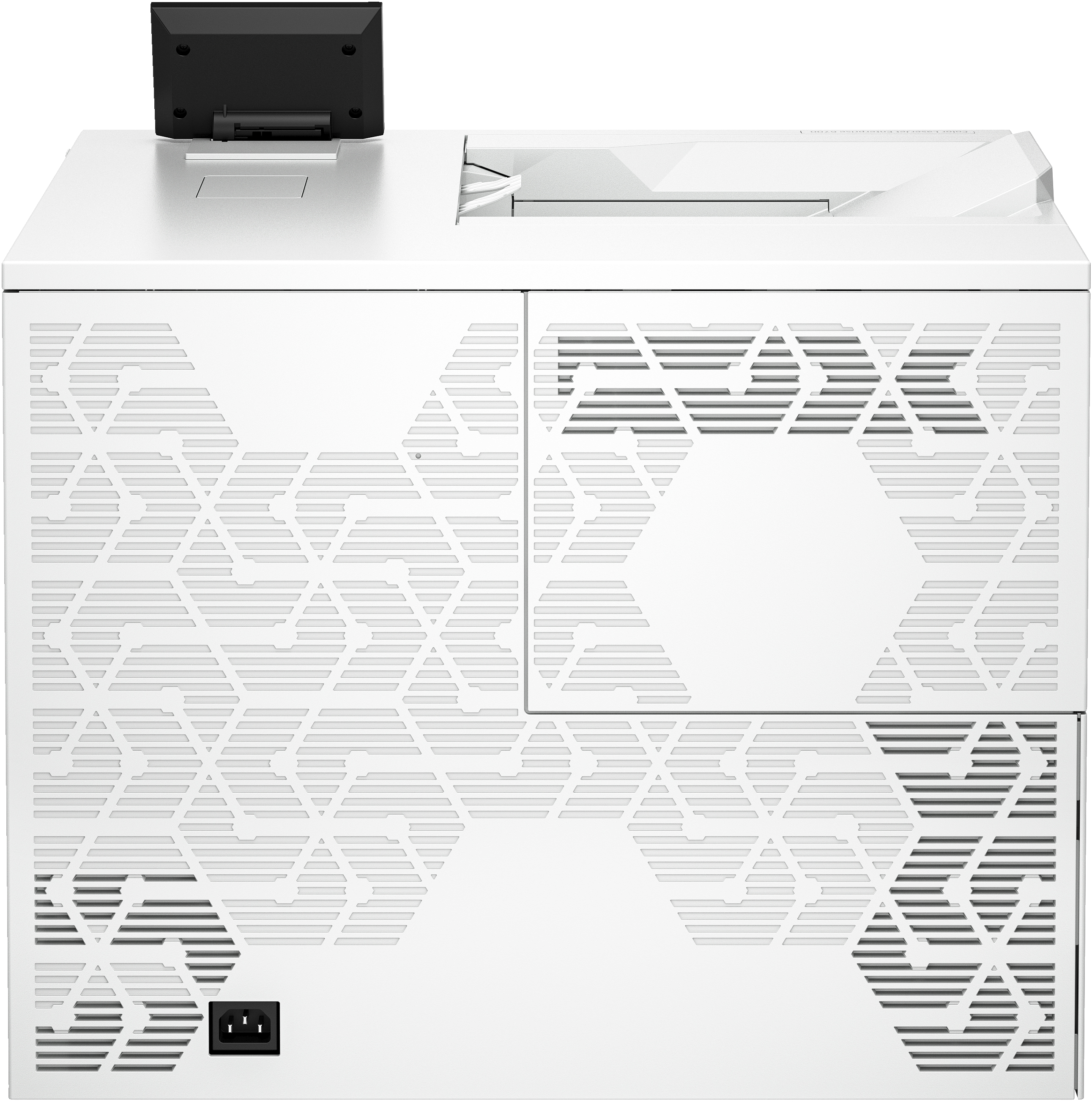 Weißer Drucker mit gemusterter Seite. Mit schwarzem Display und Logo.