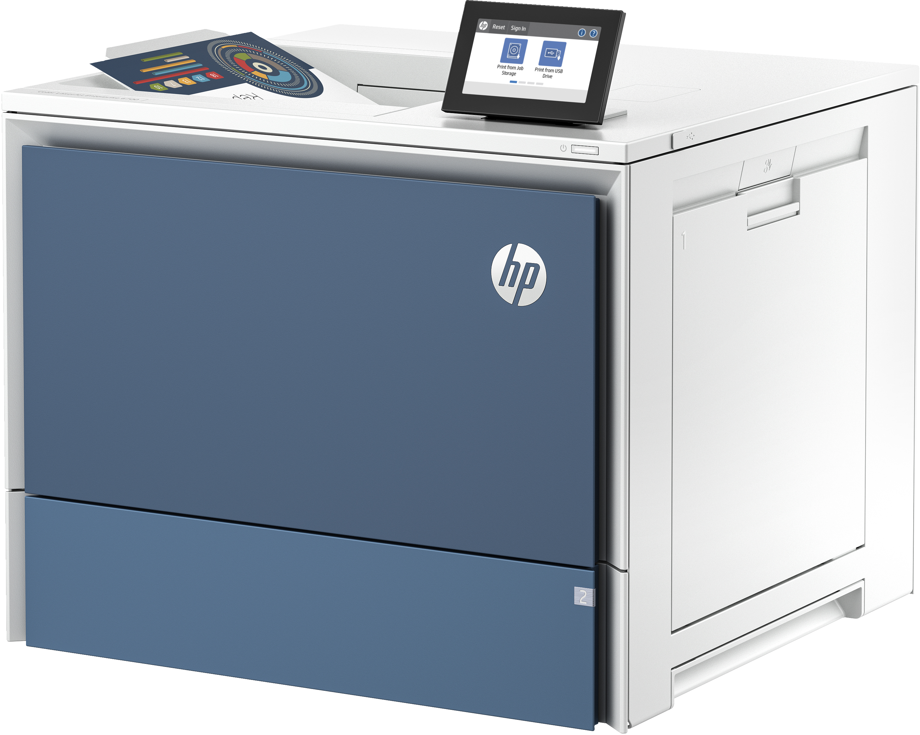 Weißer Drucker mit blauer Front, druckt farbiges Dokument.
