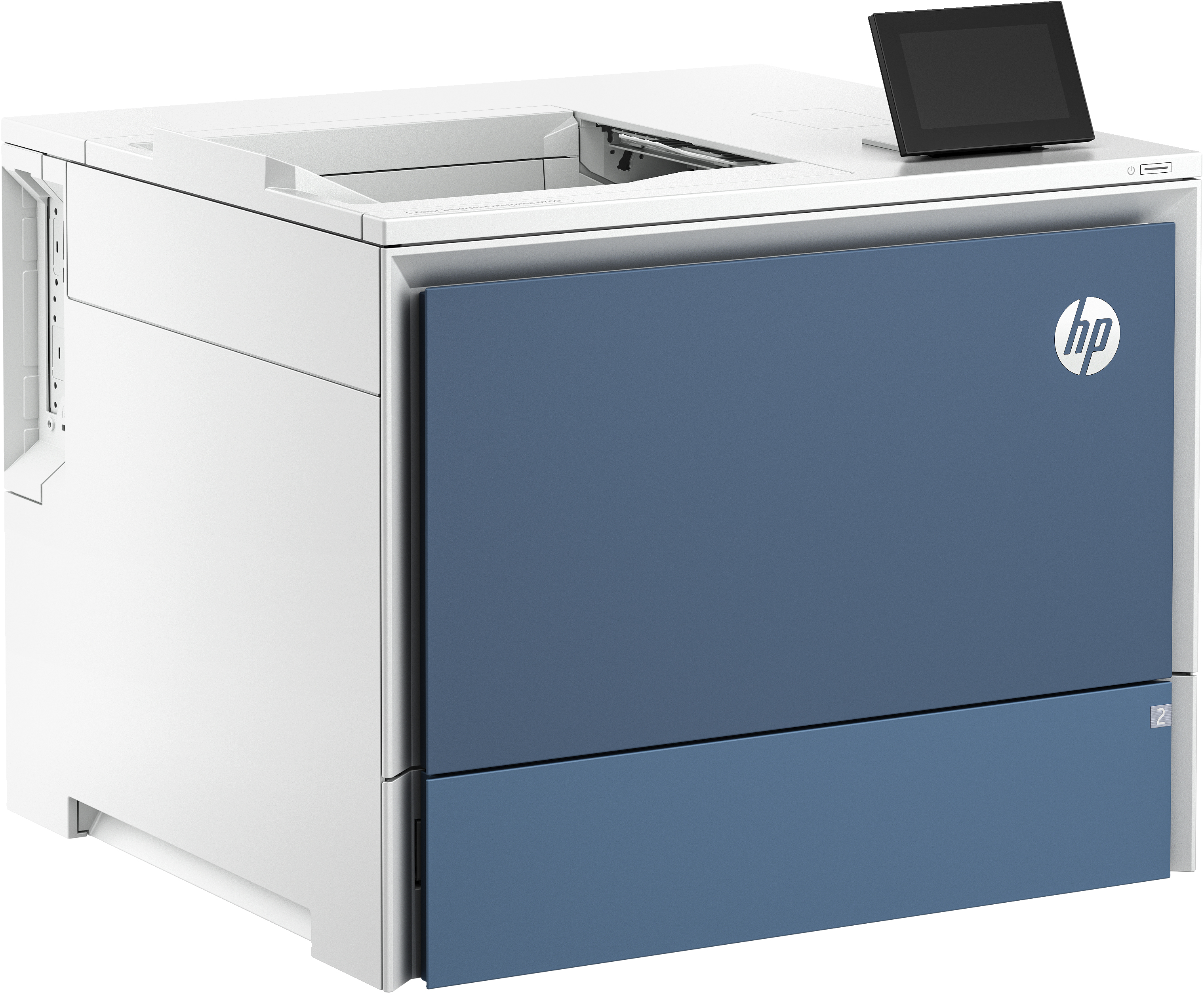 Weißer Drucker mit blauer Front. Mit schwarzem Display und Logo.