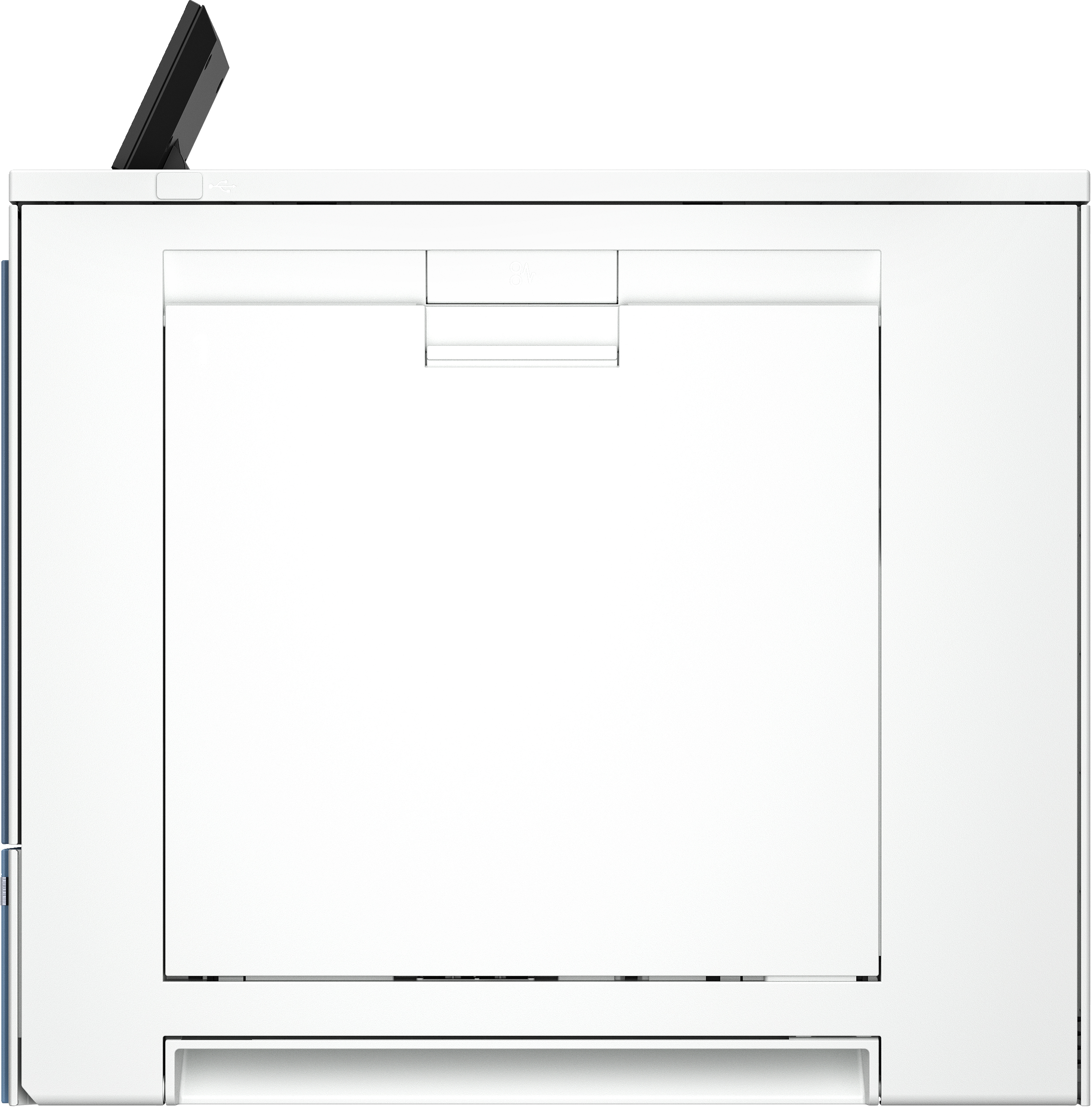Weißer Drucker mit schwarzem Display. Mit Papierausgabeschlitz.