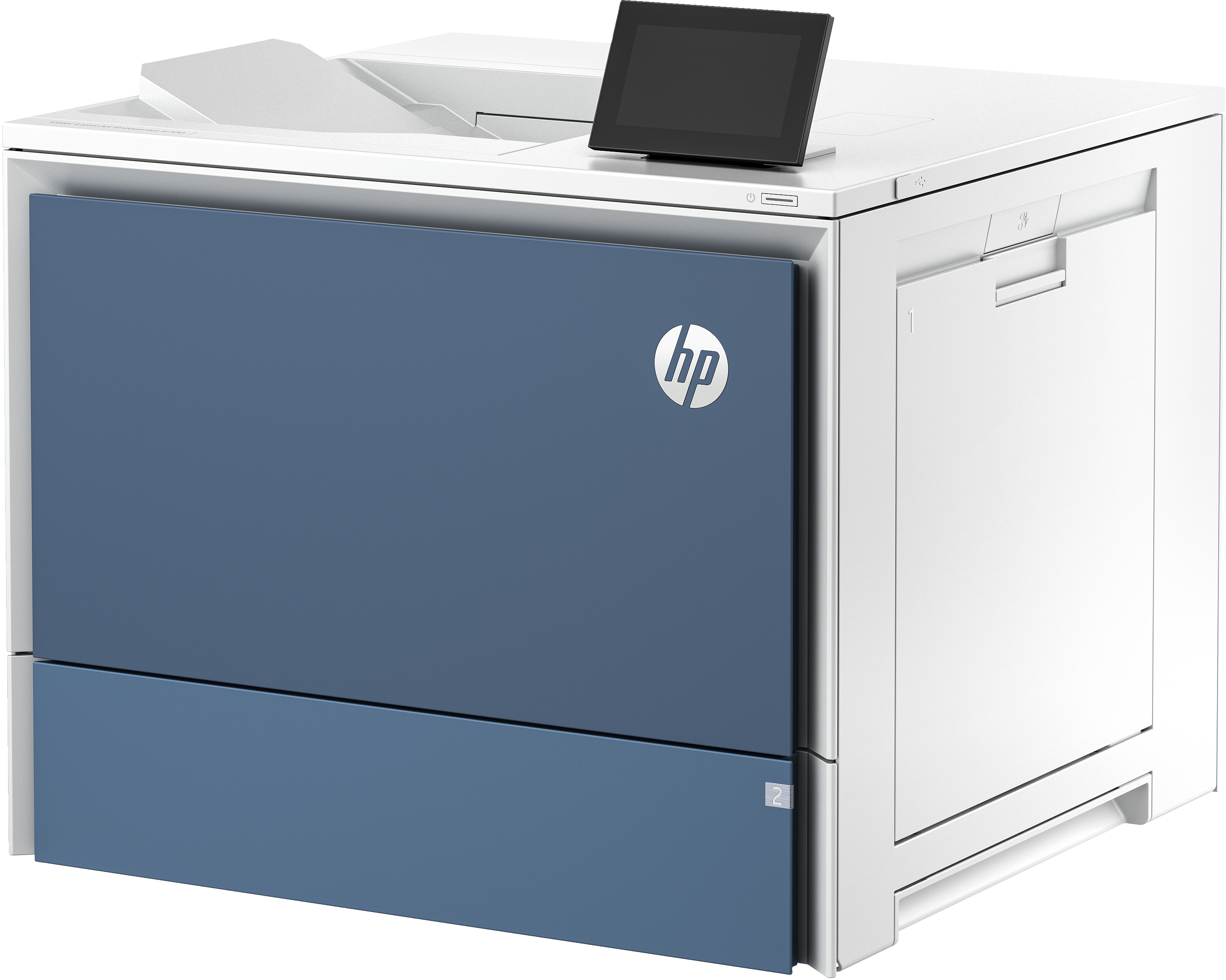 Ein HP-Drucker mit blauem Panel und HP-Logo. Er steht auf einer weißen Oberfläche.