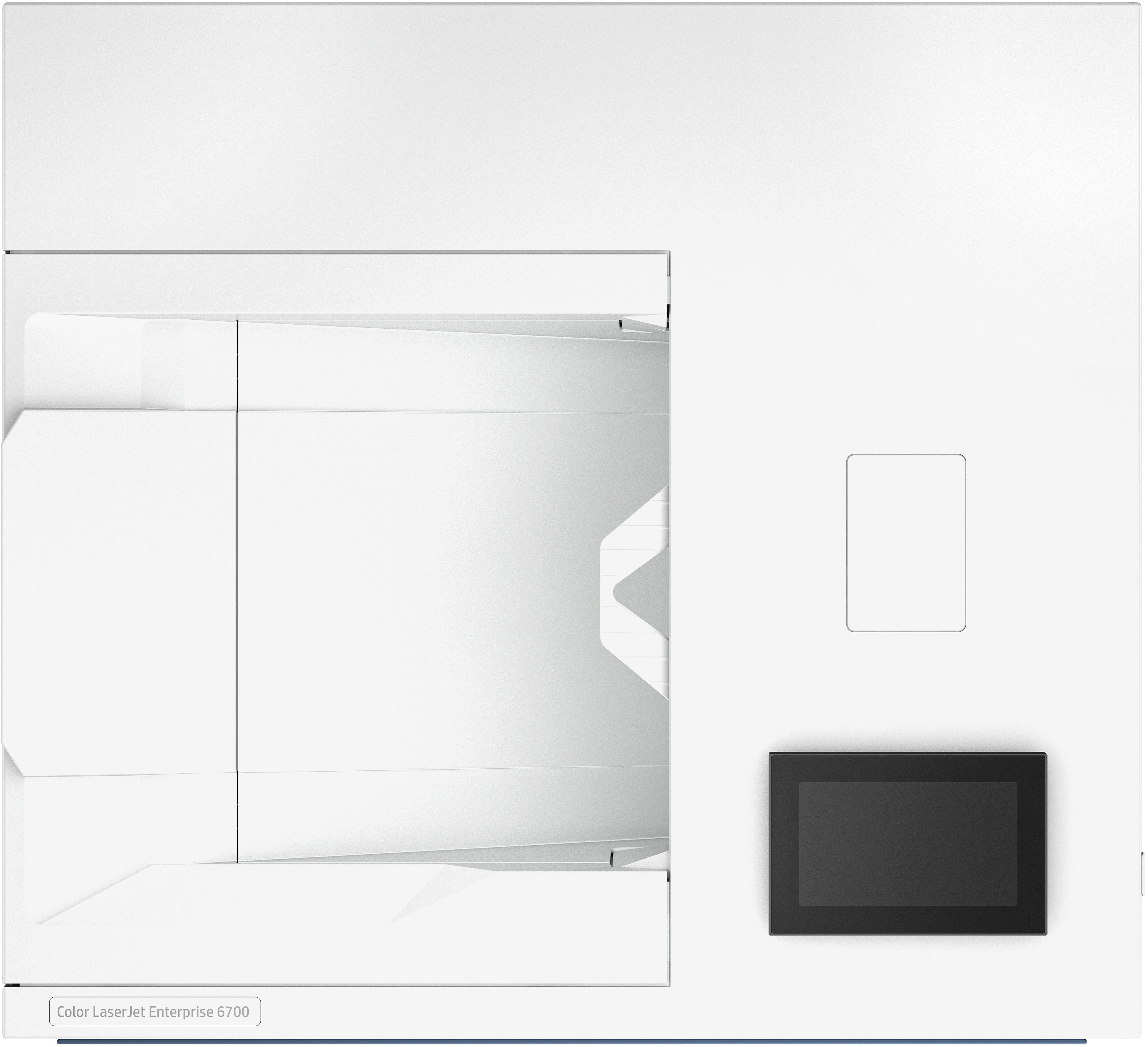Ein weißer Drucker mit schwarzem Touchscreen. Text unten: Color LaserJet Enterprise 6700.