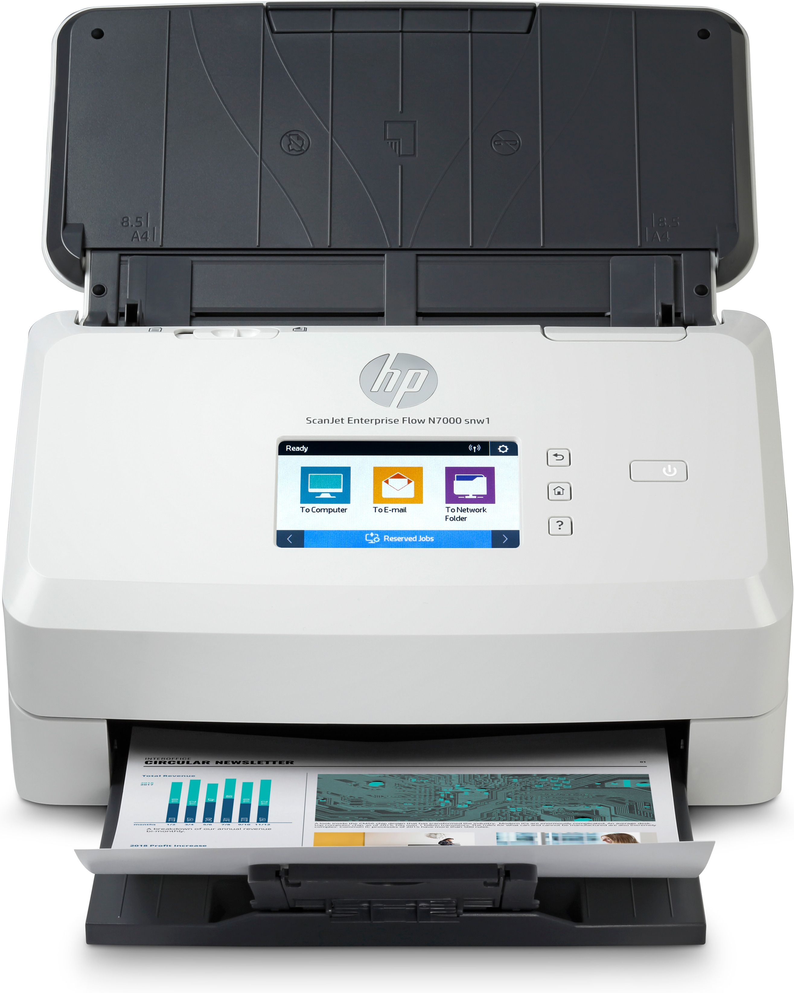 Draufsicht auf einen weißen Scanner mit dem HP-Logo oben.