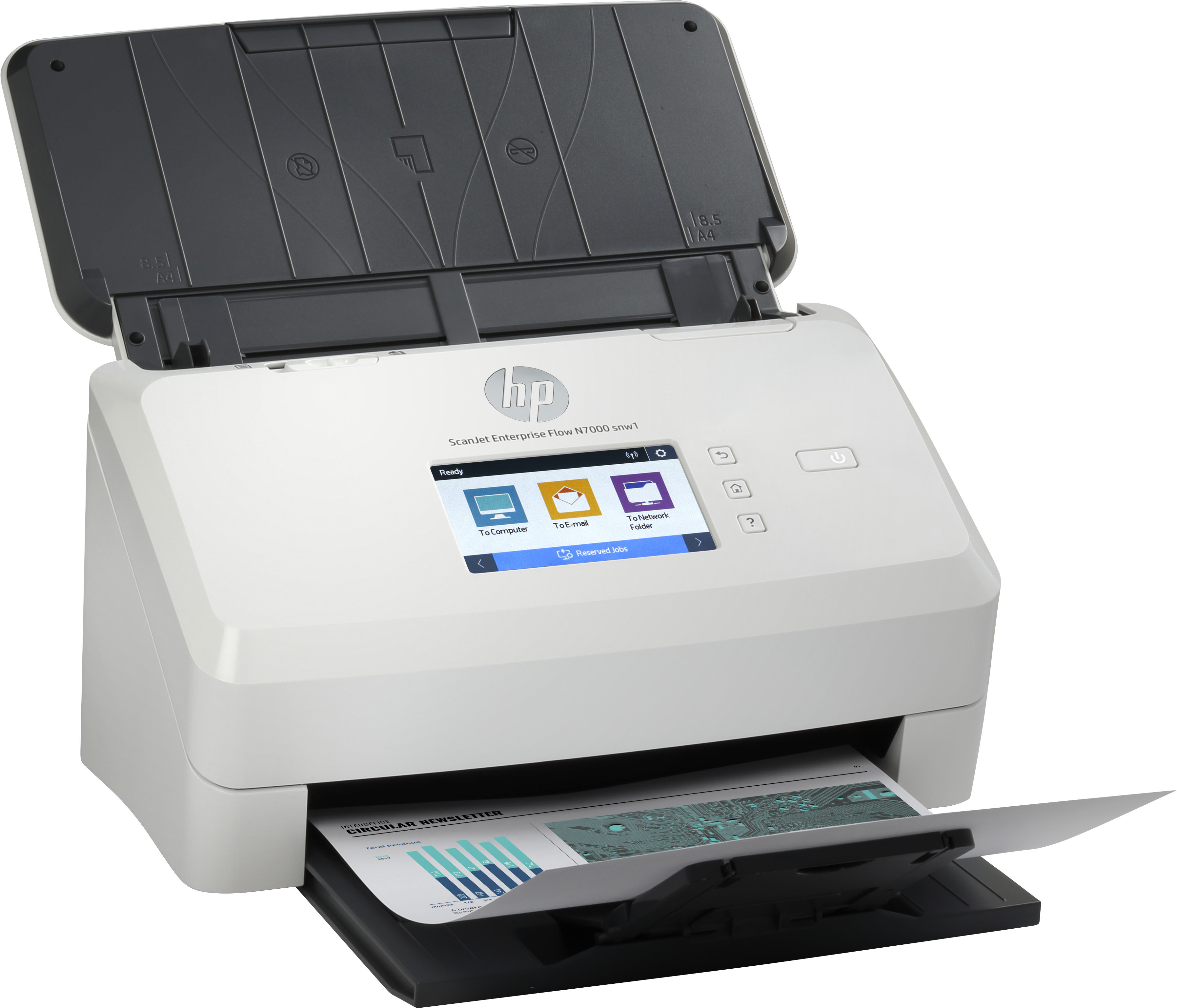 Weißer Scanner, mit geöffnetem Deckel und Dokument, mit Touchscreen.