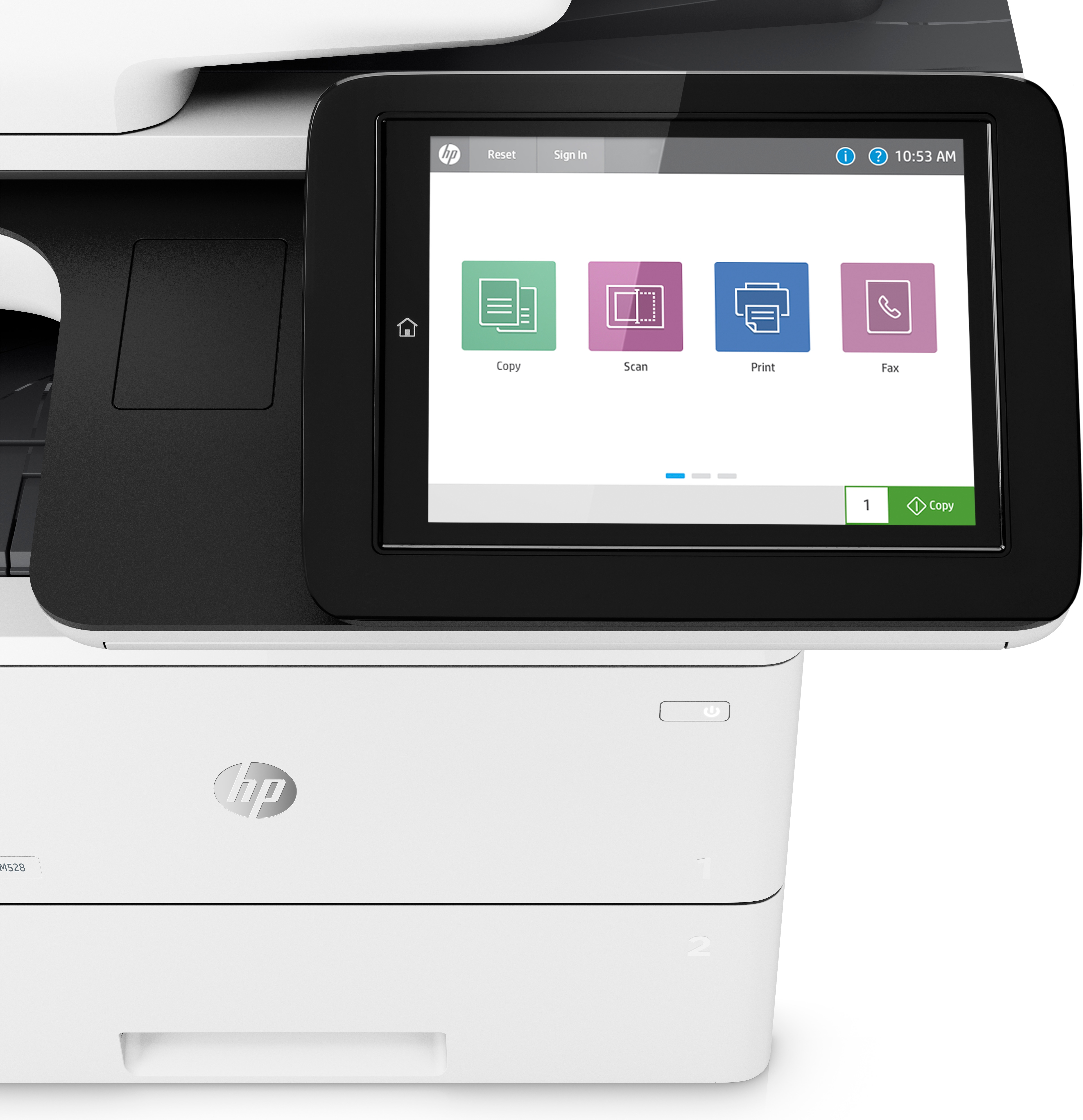 Ein weiß-schwarzer Drucker mit Touchscreen und Dokumentenablage.