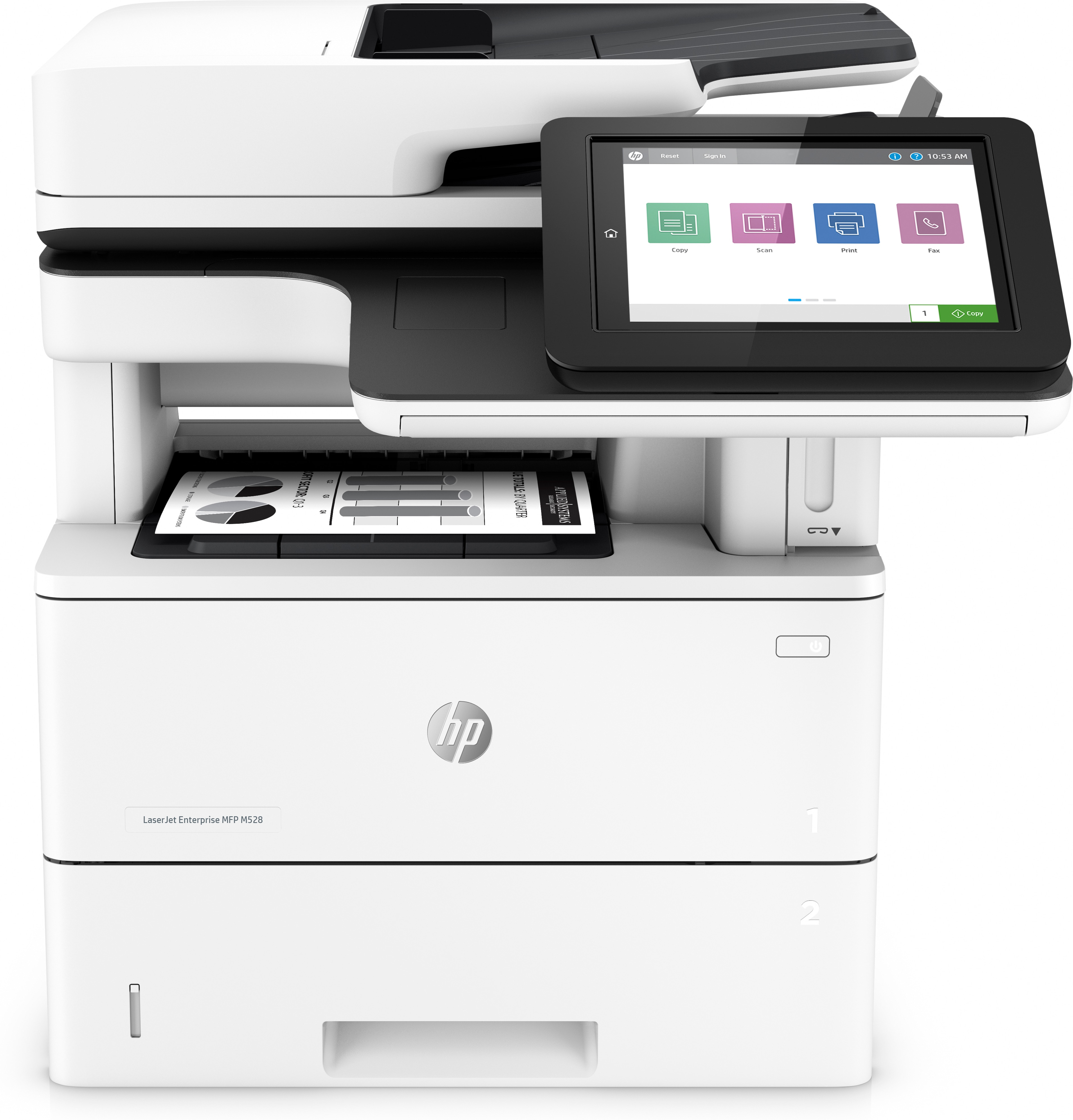 Weiß-schwarzer Drucker mit Touchscreen, zeigt Kopier-, Scan-, Druck- und Faxoptionen.