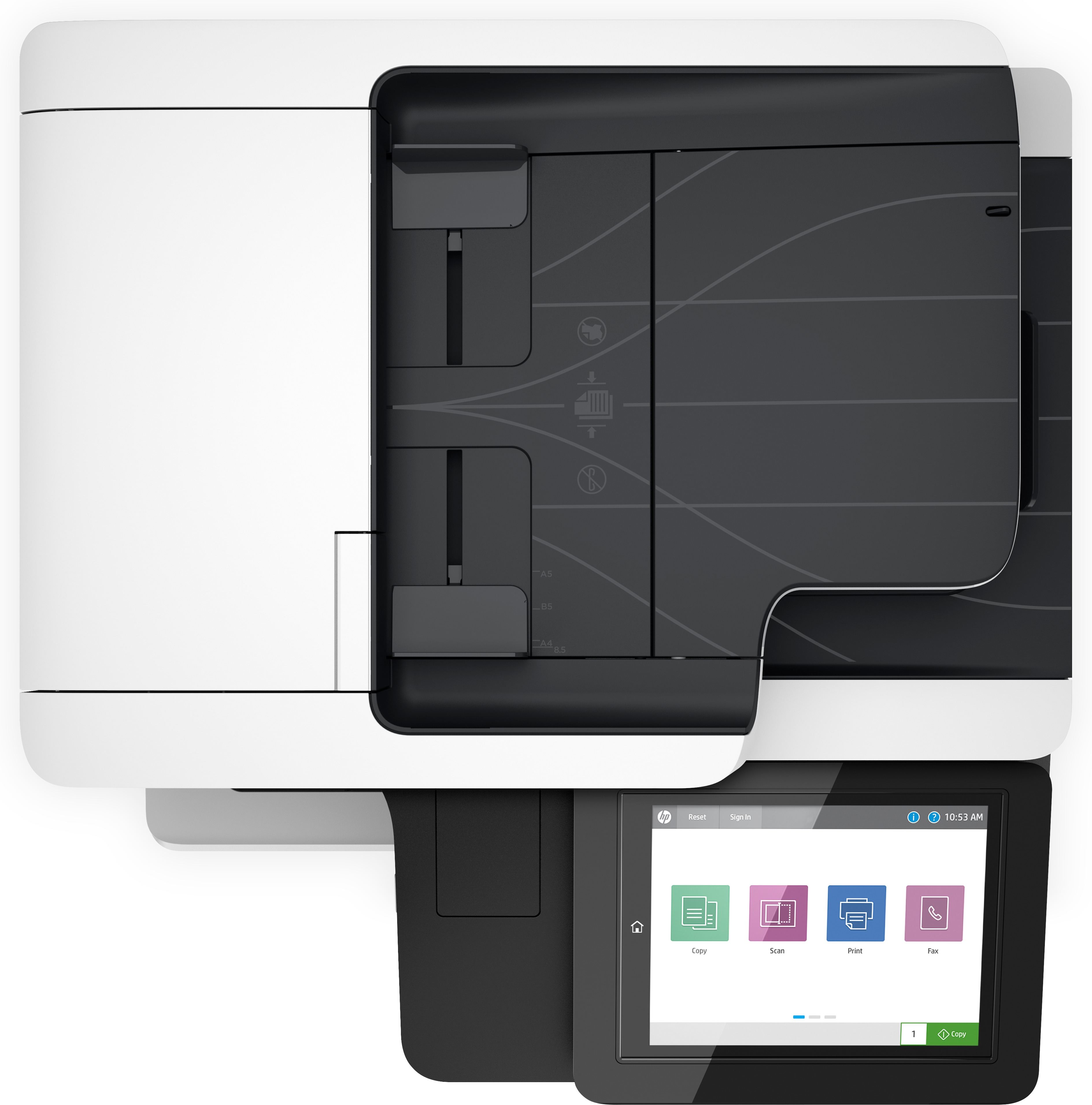 Draufsicht auf einen weiß-schwarzen Drucker mit Touchscreen.