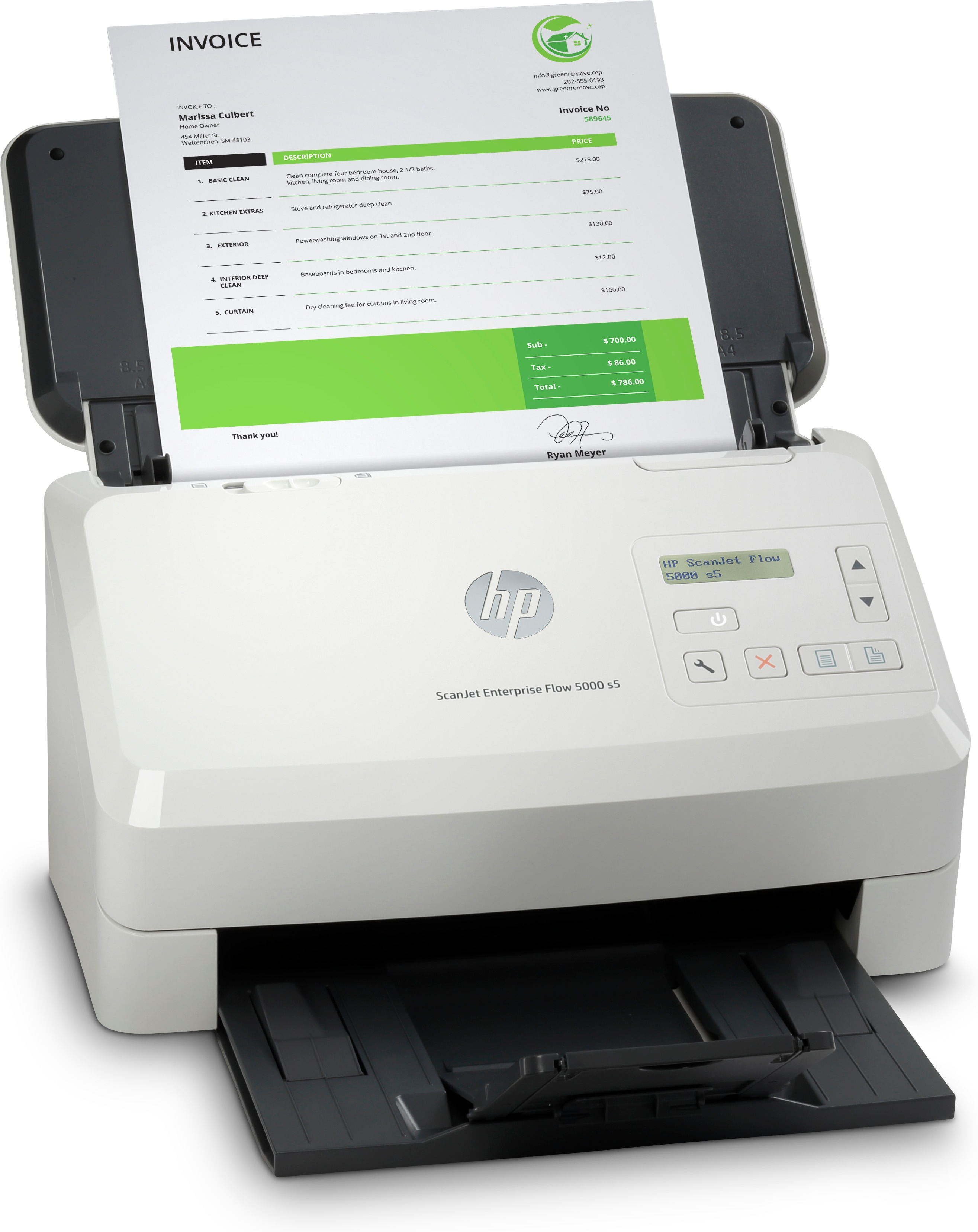 Ein HP-Scanner scannt eine Rechnung, das Ausgabefach ist geöffnet.