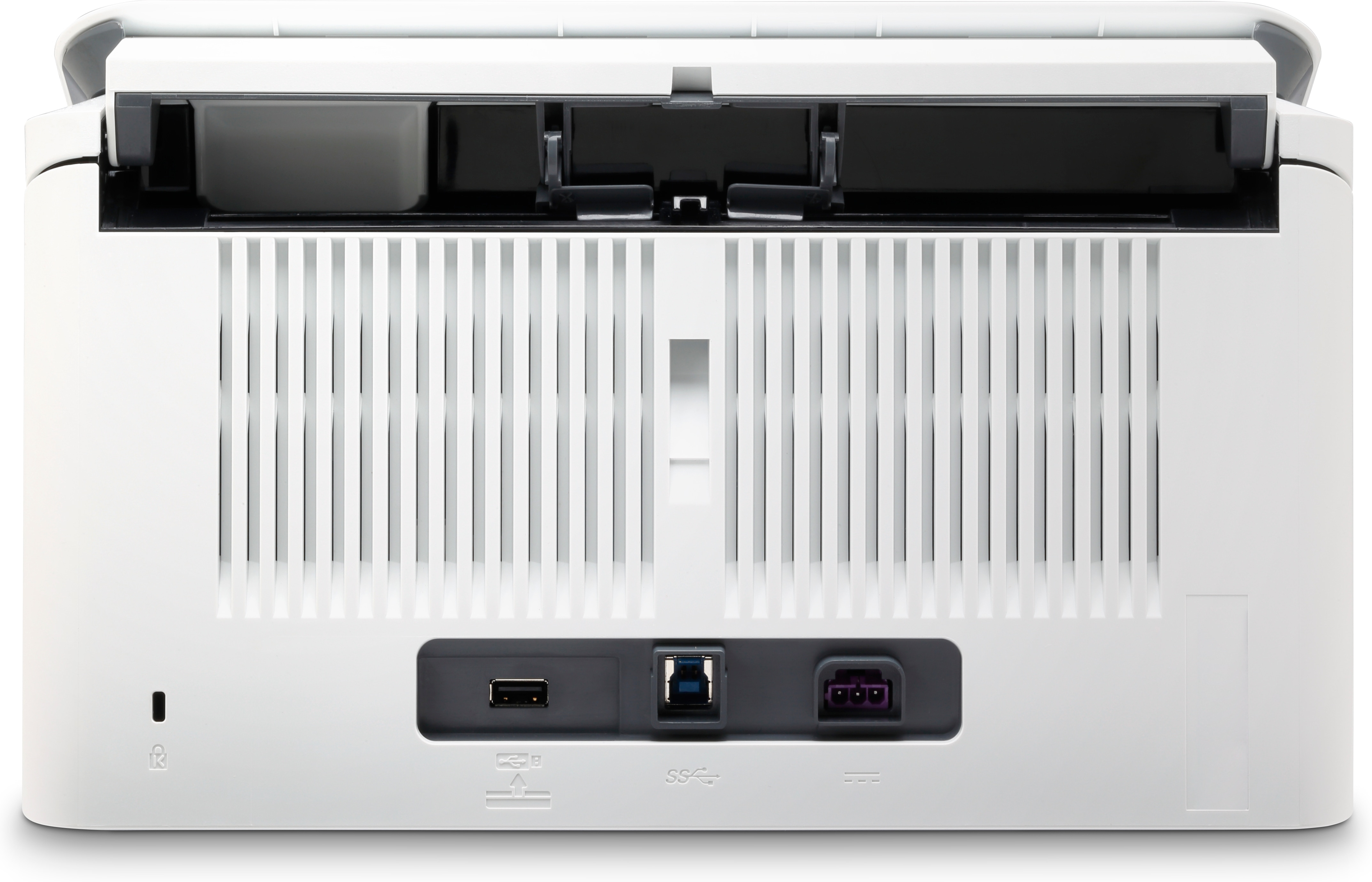 Die Rückansicht eines weißen HP-Scanners mit den Anschlüssen und dem geöffneten Deckel.