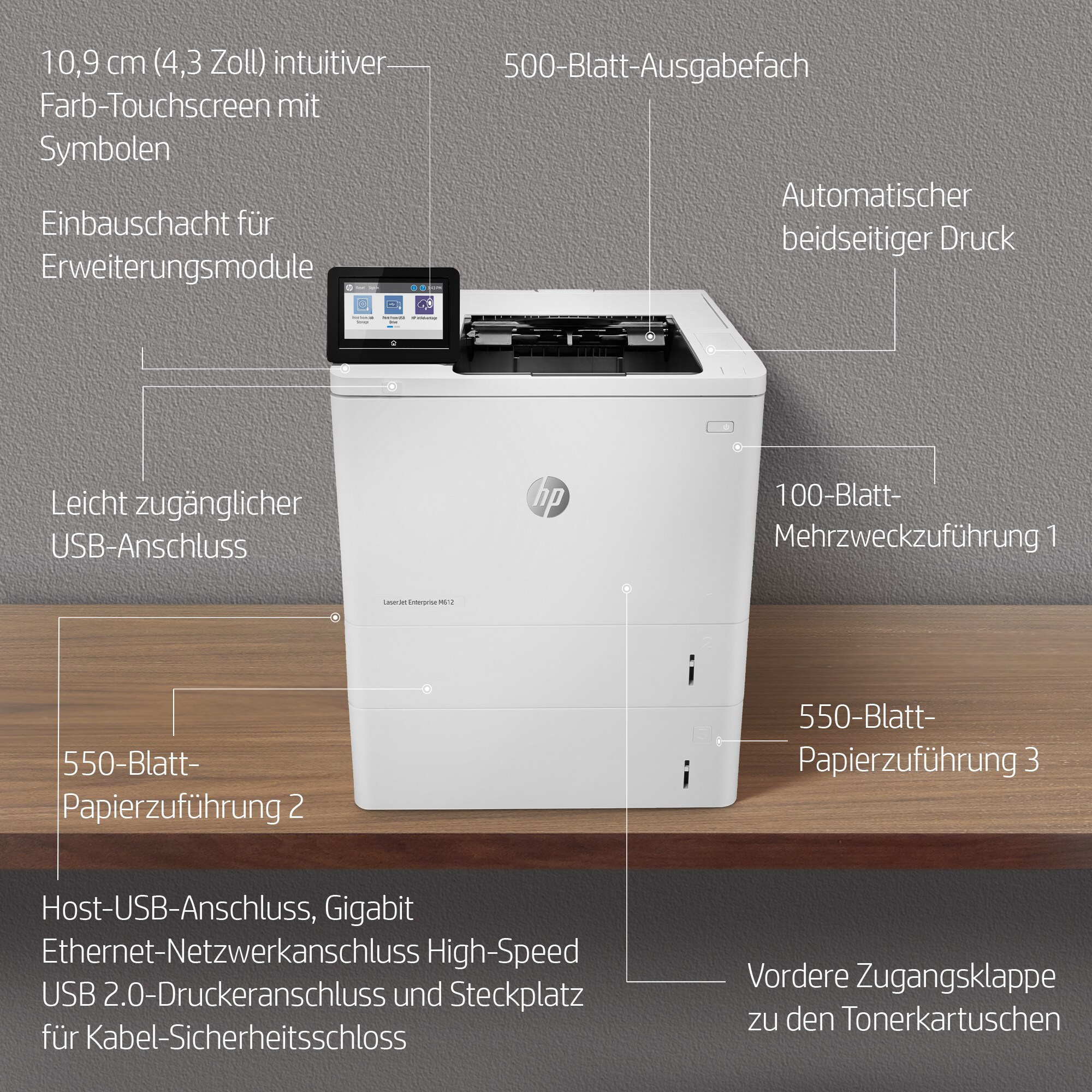 Weißer Drucker mit Touchscreen, HP-Logo und beschrifteten Komponenten, auf Holzoberfläche.