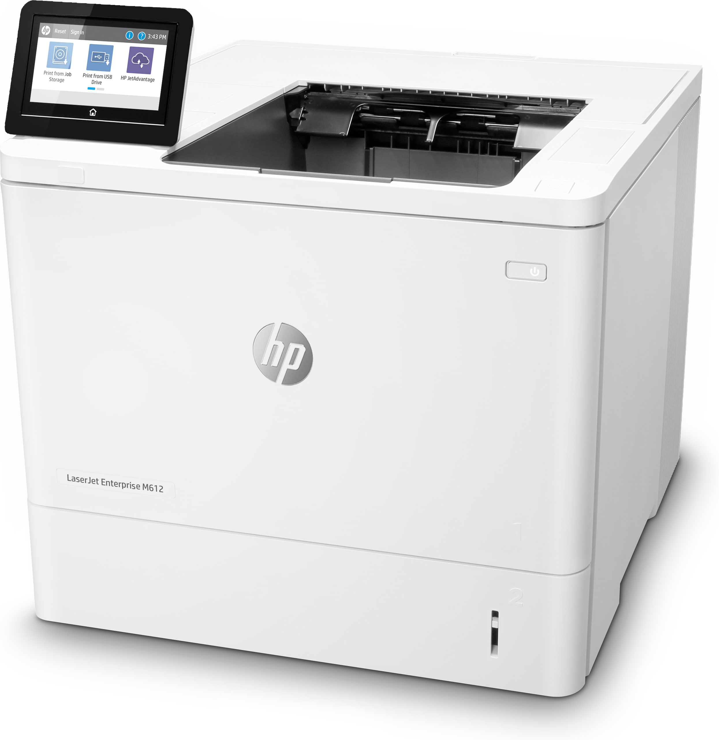 Weißer HP-Drucker mit Touchscreen und HP-Logo auf weißem Hintergrund, leicht perspektivisch.