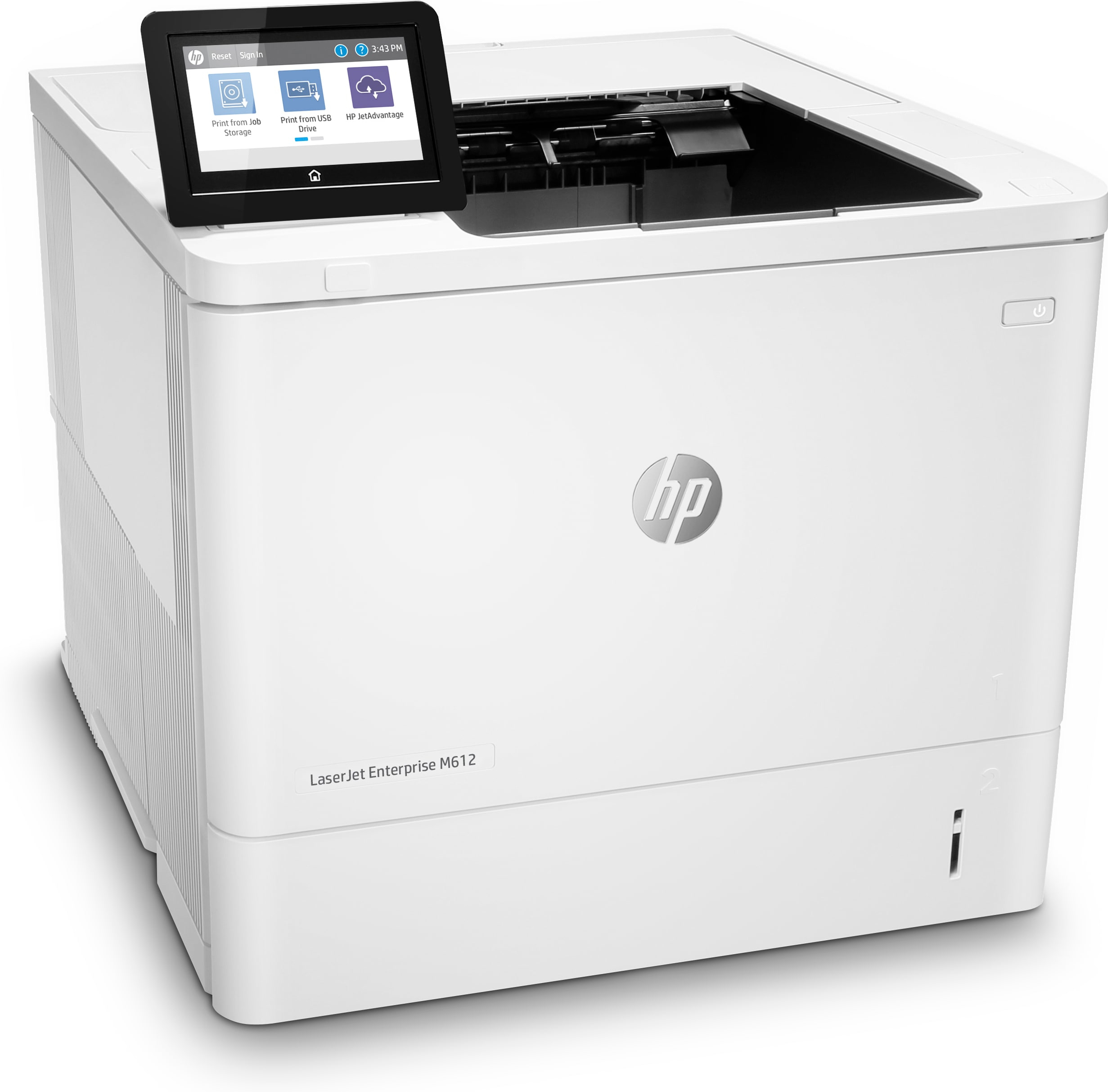 Weißer HP-Drucker mit Touchscreen, HP-Logo auf weißem Hintergrund, leicht angewinkelt.