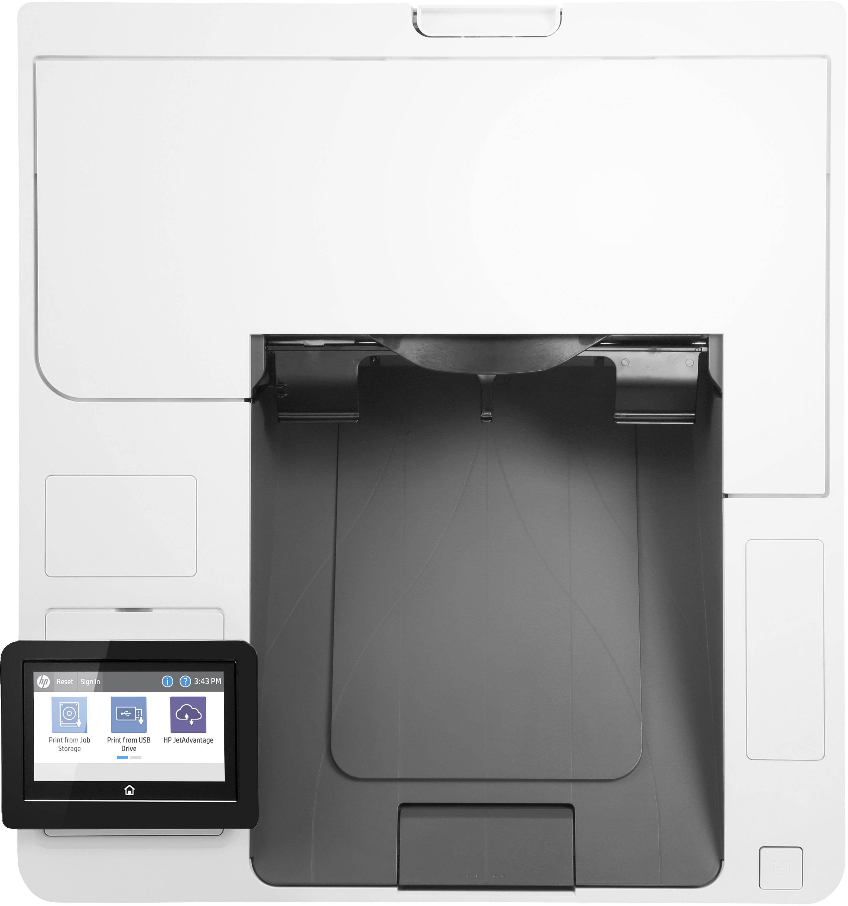 Draufsicht auf weißen Drucker mit Touchscreen, HP-Logo und offener Papierfach.