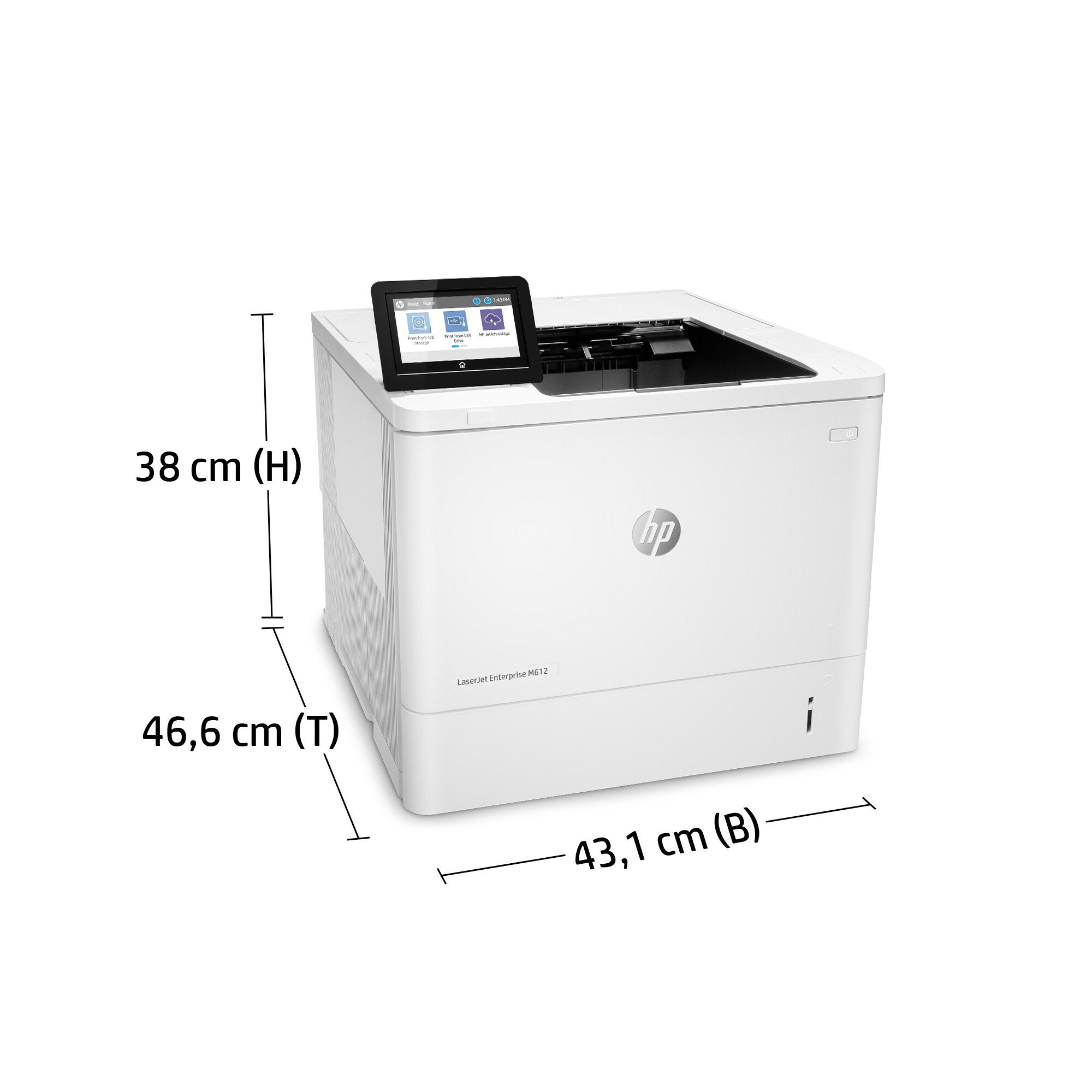 Weißer Drucker mit Touchscreen, HP-Logo, Größenangaben, auf weißem Hintergrund.