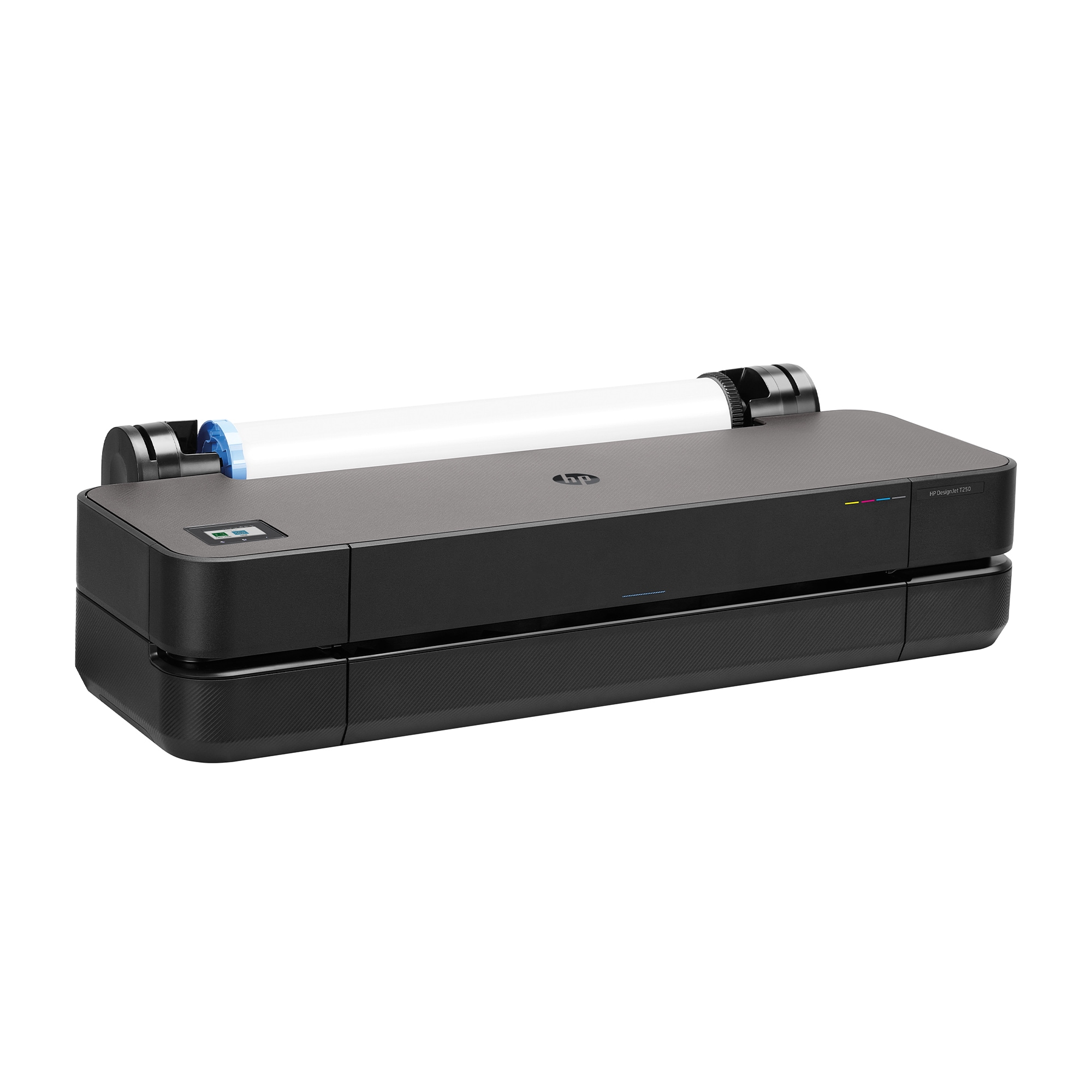 Schwarzer HP DesignJet Drucker, Papierrolle, hellblaues Papier, auf weißem Hintergrund.