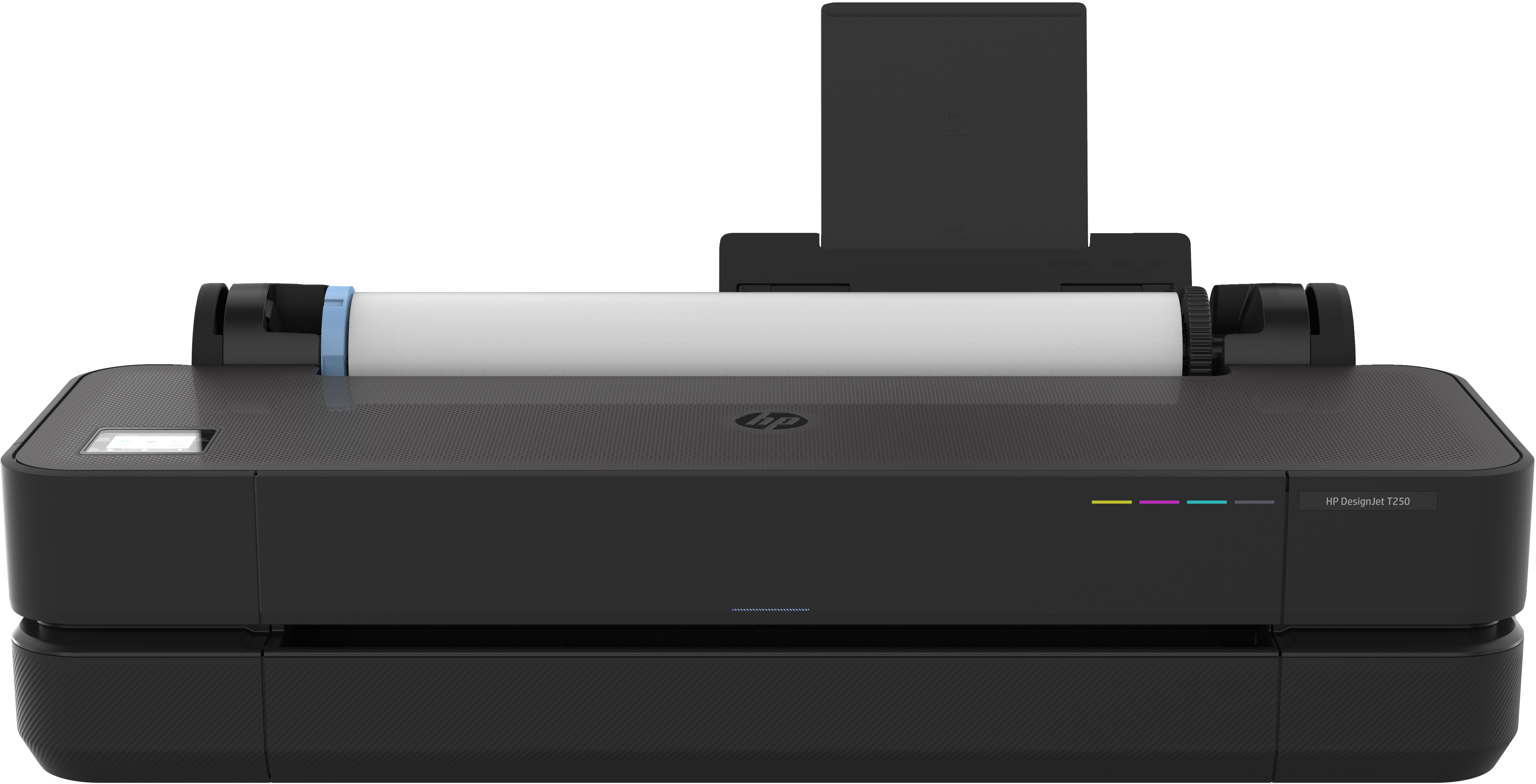Schwarzer HP DesignJet T250 Drucker mit Papierrolle, weißem Papier, auf weißem Hintergrund.