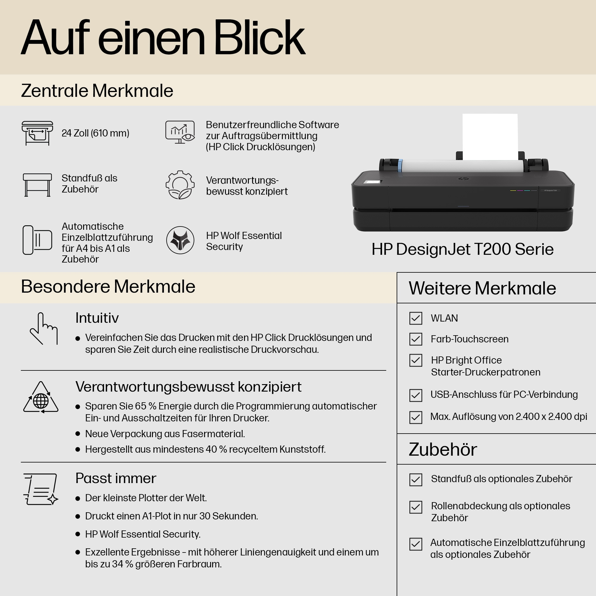HP DesignJet T200 Serie, Überblick, mit Symbolen, Text und einem Produktbild.