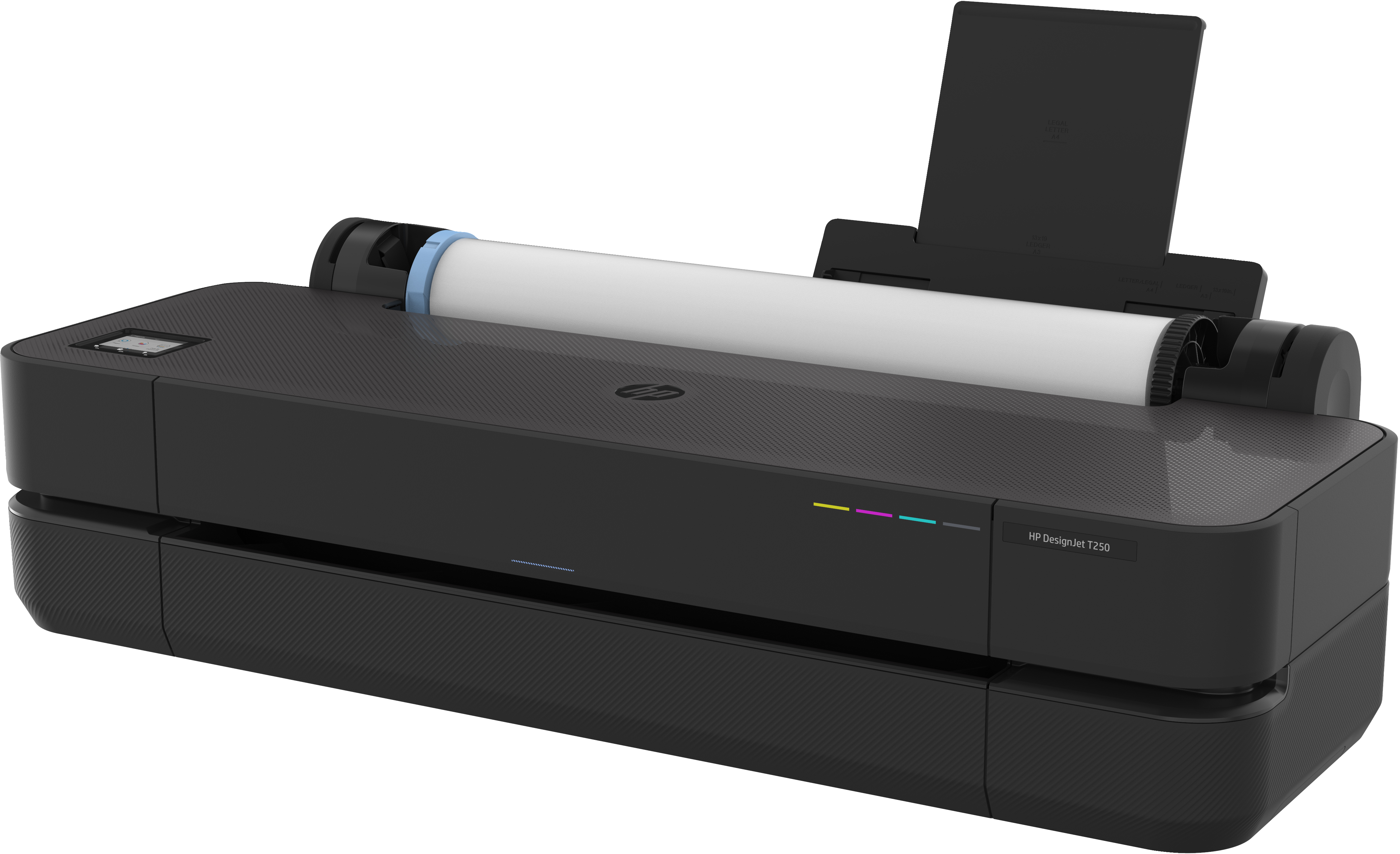 Schwarzer HP DesignJet T250 Drucker mit Papierrolle, weißem Papier, leicht schräg.