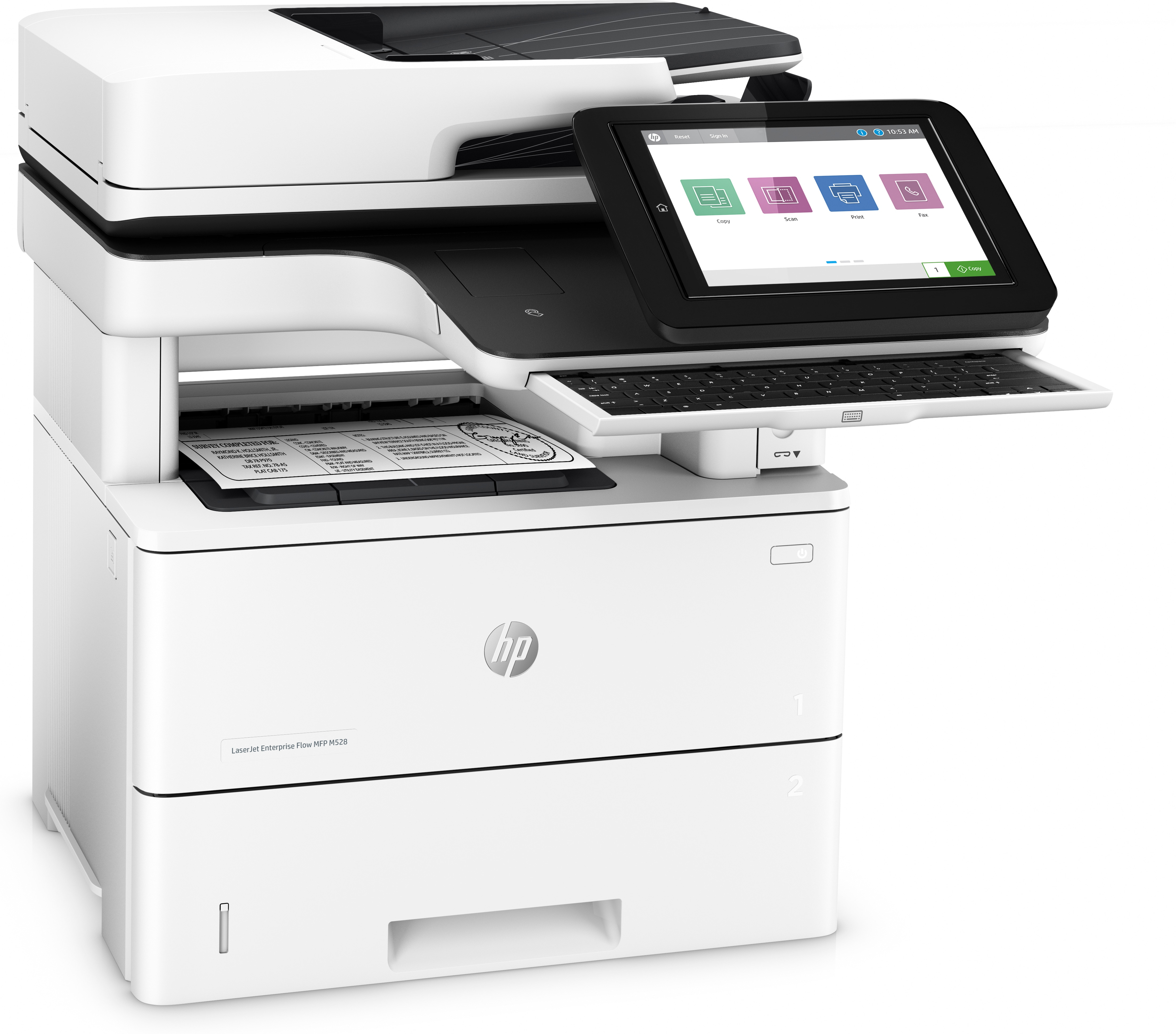 Drucker mit Dokument auf dem Scanner, mit Tastatur und Touchscreen.