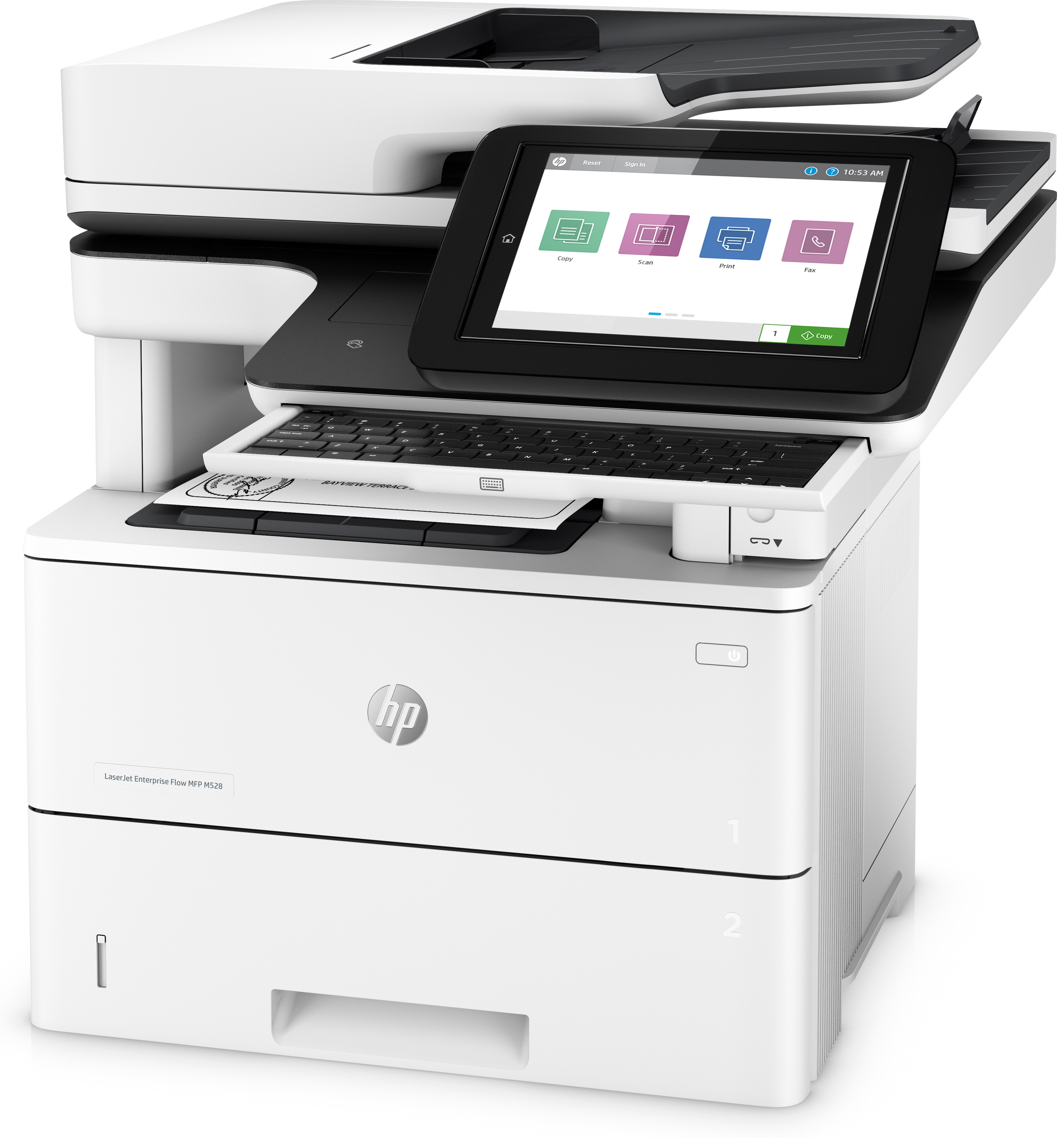 Drucker, weiß und schwarz, mit Touchscreen und Tastatur, zeigt Funktionen.