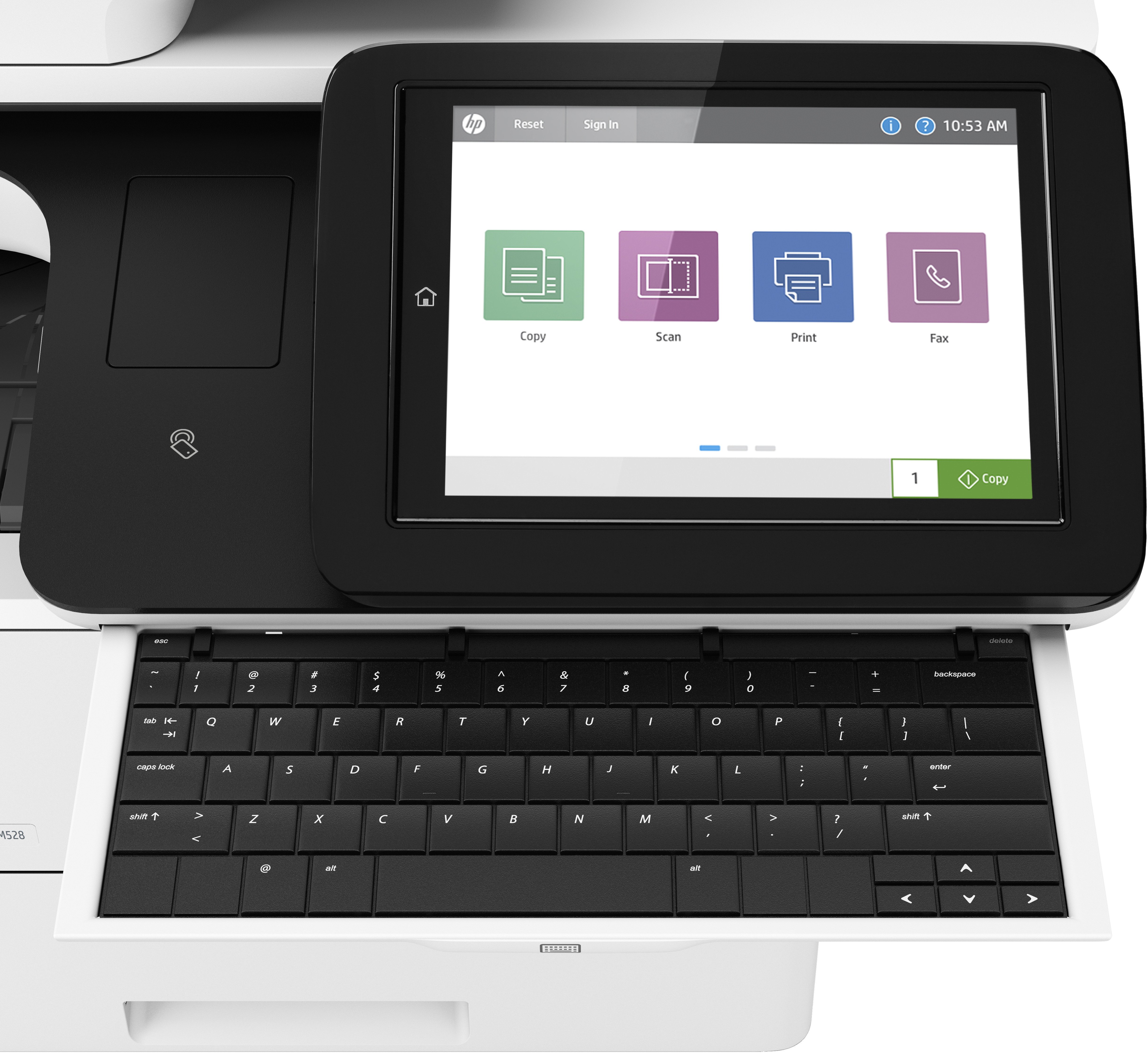 Nahaufnahme des Touchscreens eines Druckers mit Optionen zum Kopieren, Scannen, Drucken und Faxen.