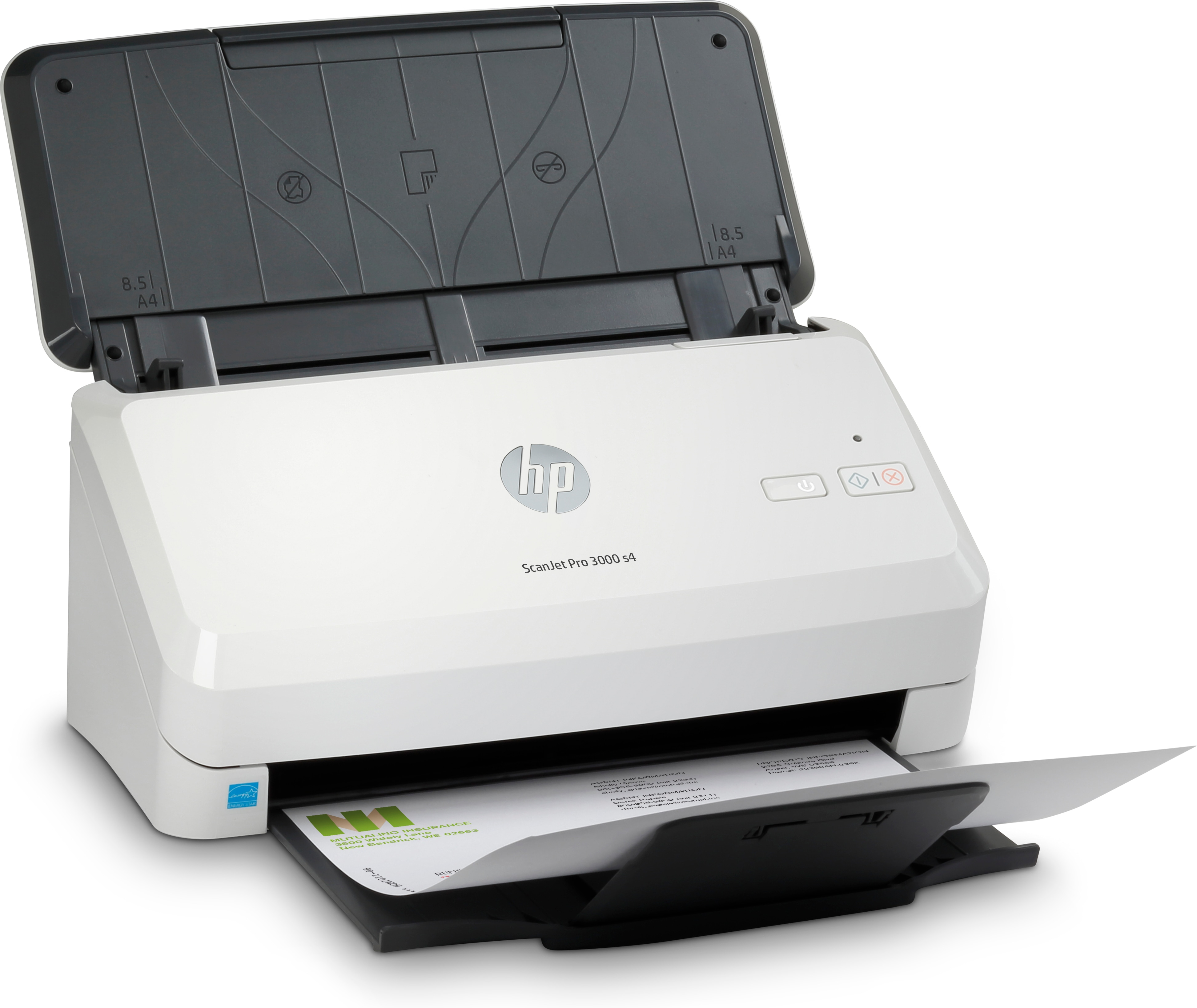 Weißer HP ScanJet Pro 3000s4 Scanner mit geöffnetem Deckel, Papierausgabe und Dokument innen.