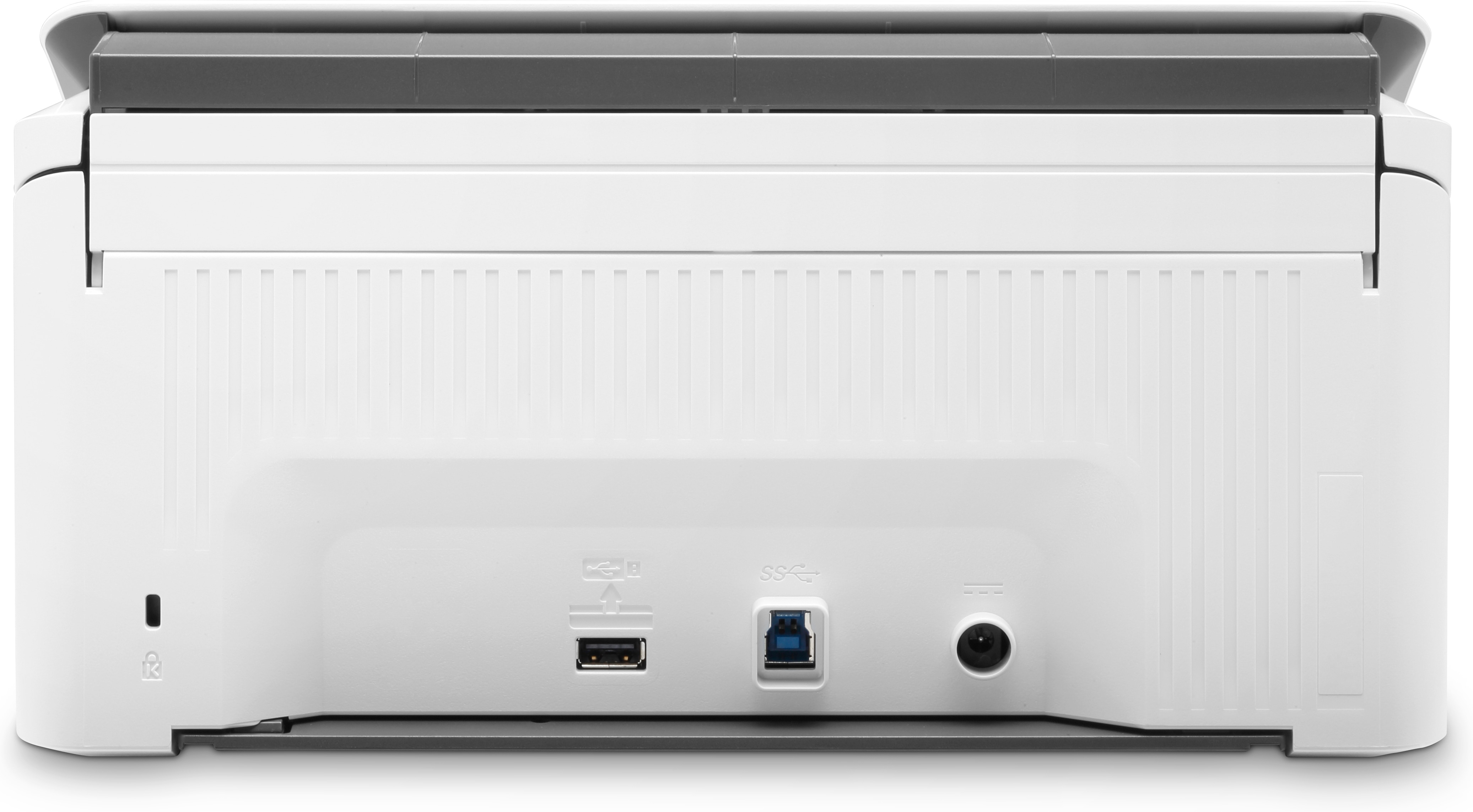 Rückansicht eines weißen HP ScanJet Pro 3000s4 Scanners mit Anschlüssen.