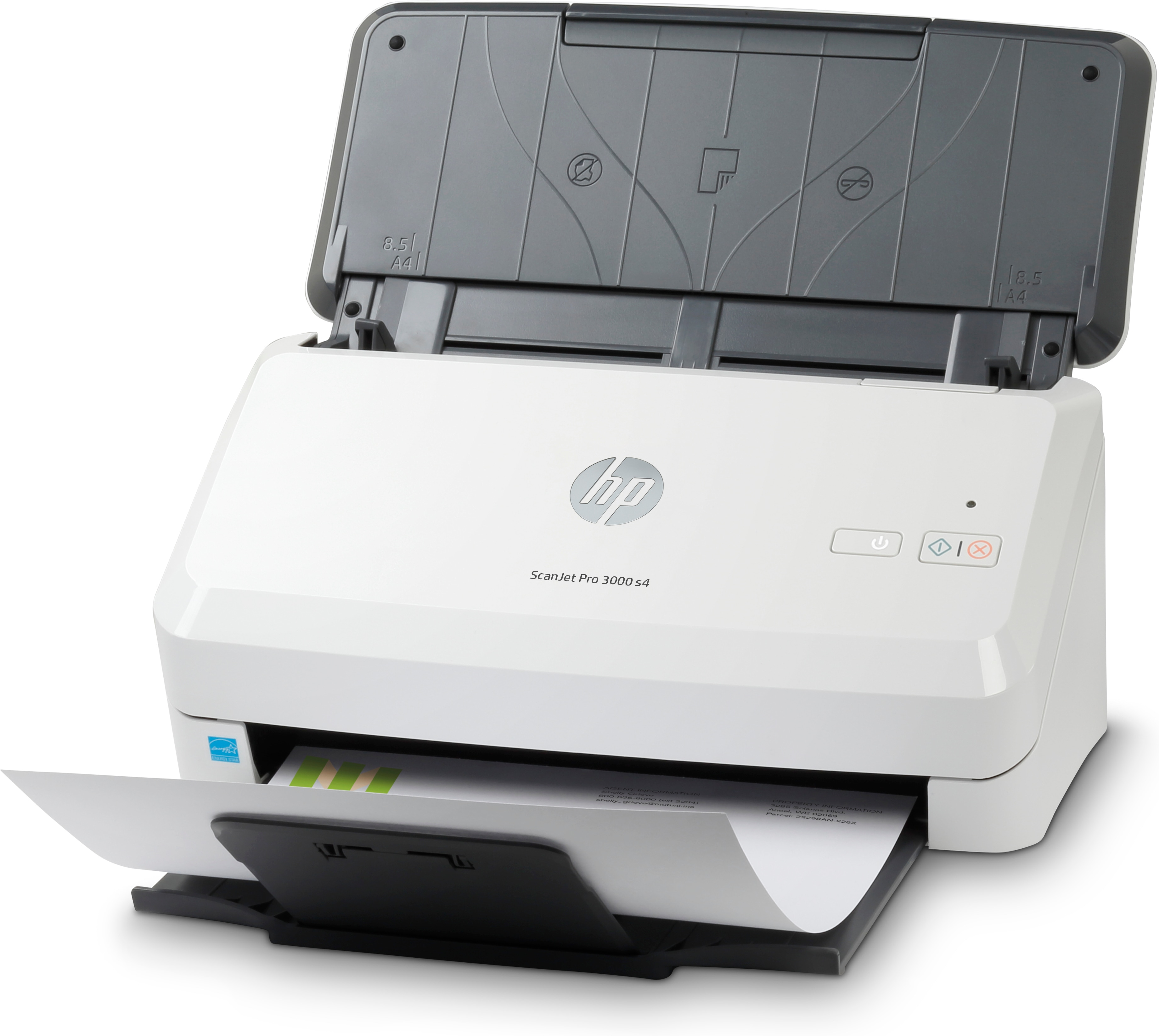 Weißer HP ScanJet Pro 3000s4 Scanner mit geöffnetem Deckel und Papierausgabe.