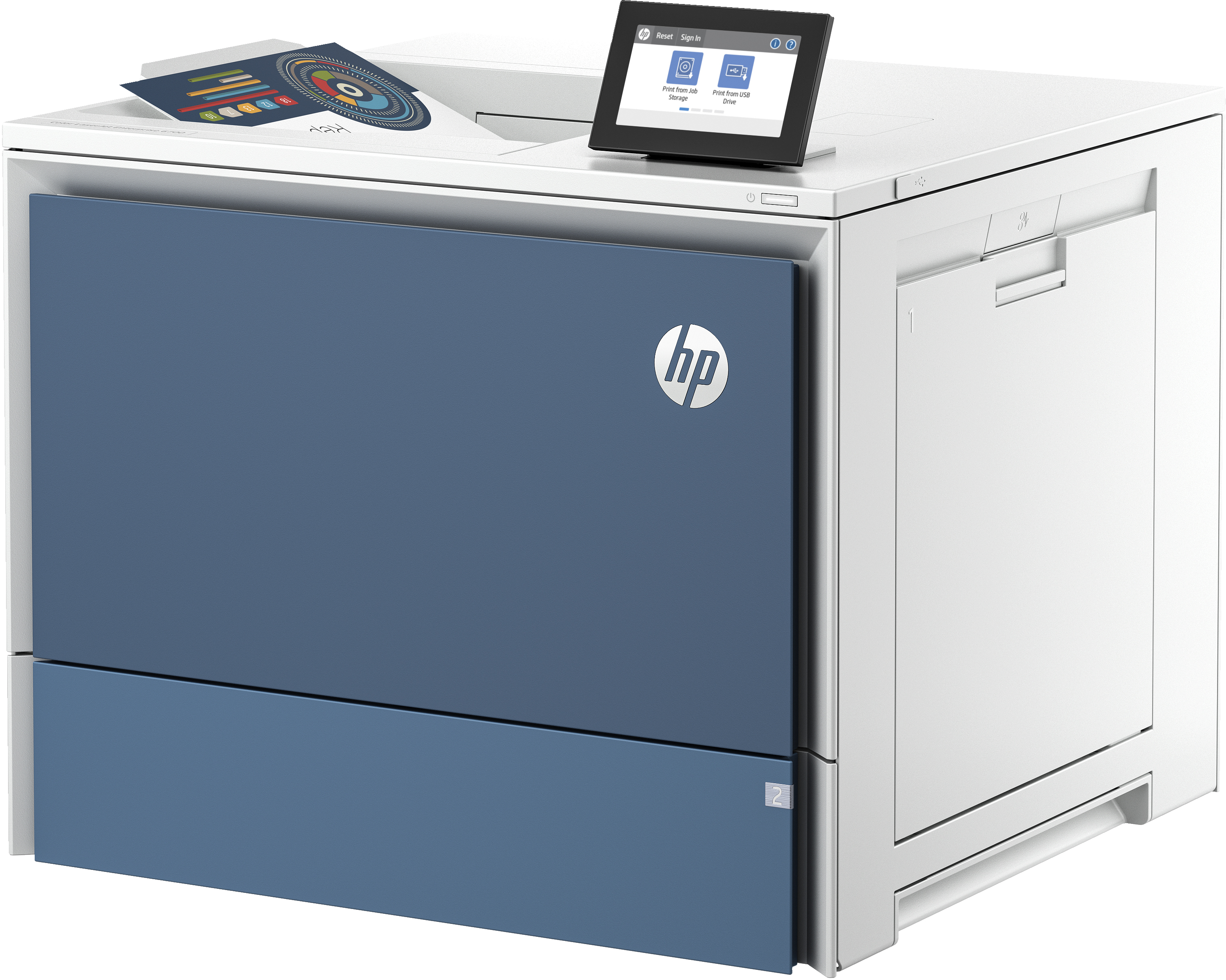 Drucker mit blauem Frontpanel, weißen Seiten und Touchscreen oben.