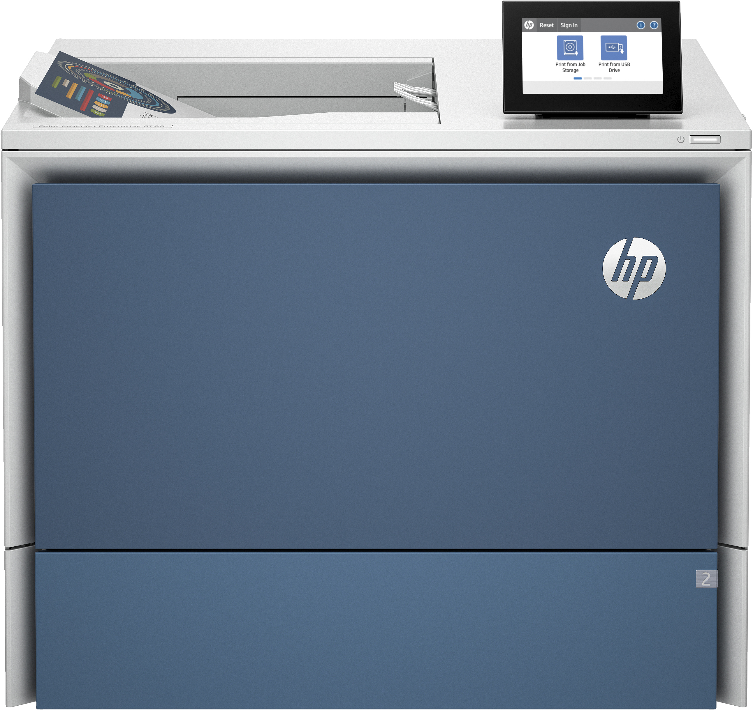 Drucker mit blauem Panel und HP-Logo, Bildschirm zeigt Optionen.