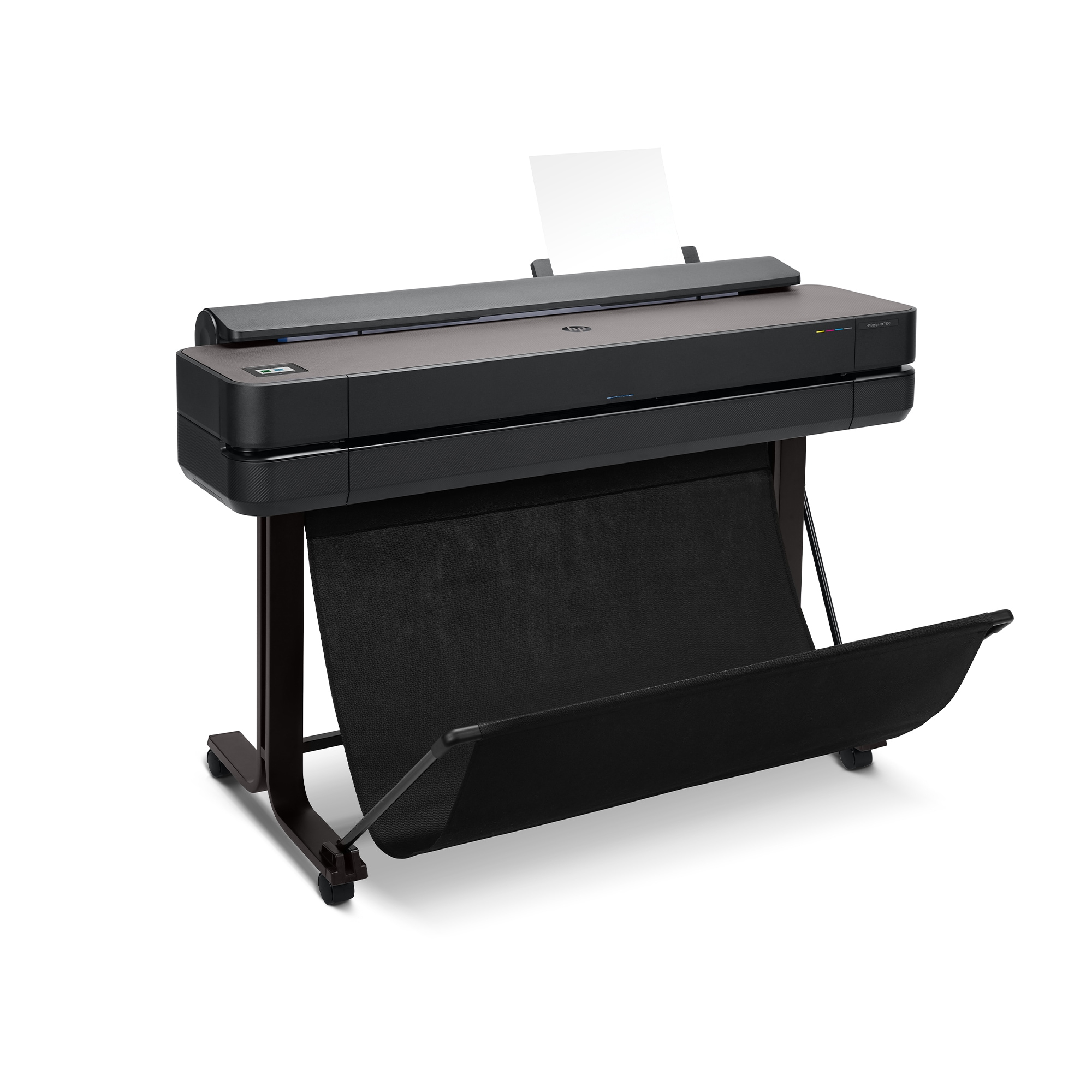 Schwarzer Drucker mit Papierausgabe und schwarzem Papierfänger.