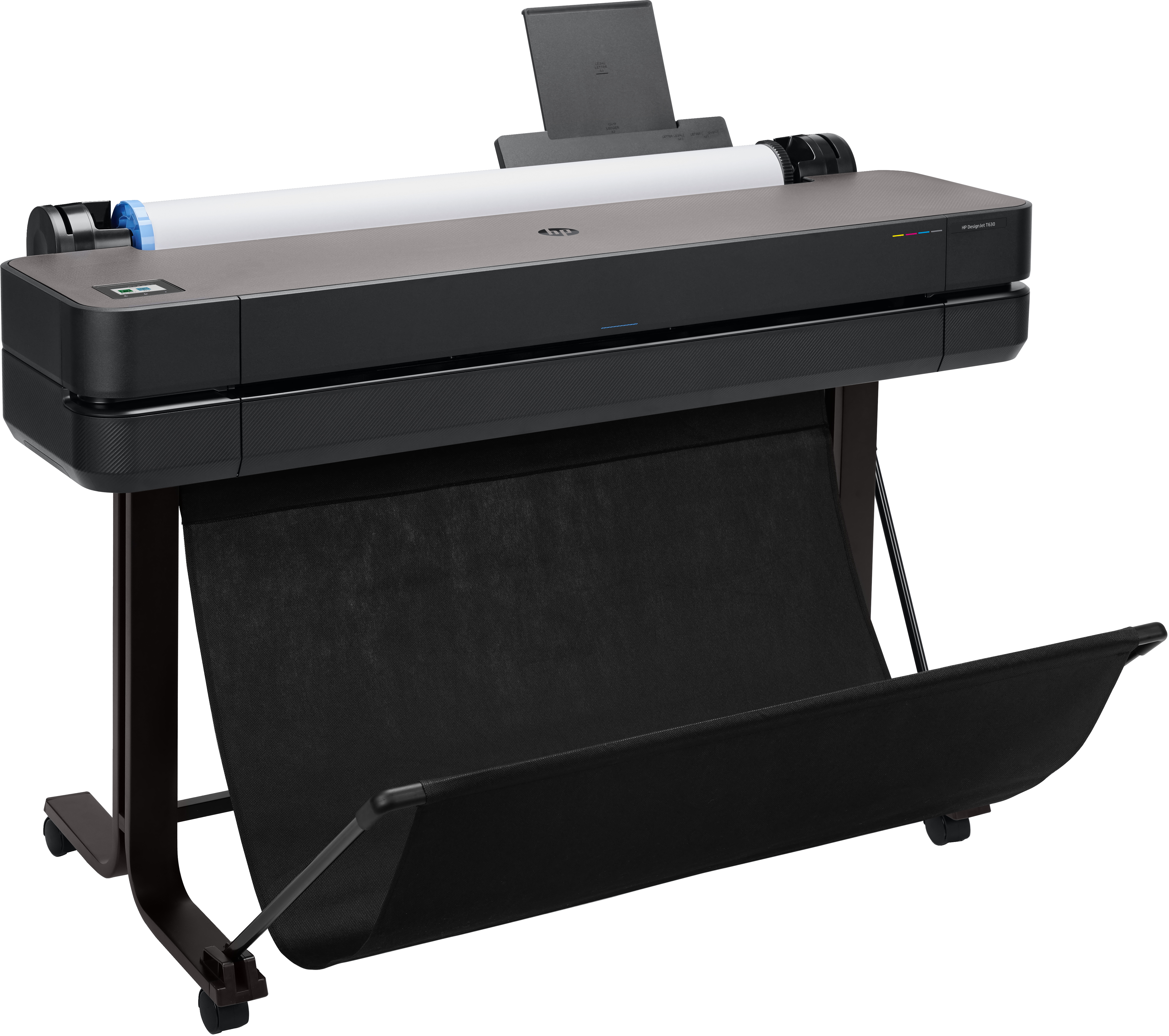 Schwarzer Drucker mit Papierrolle und schwarzem Papierfänger.