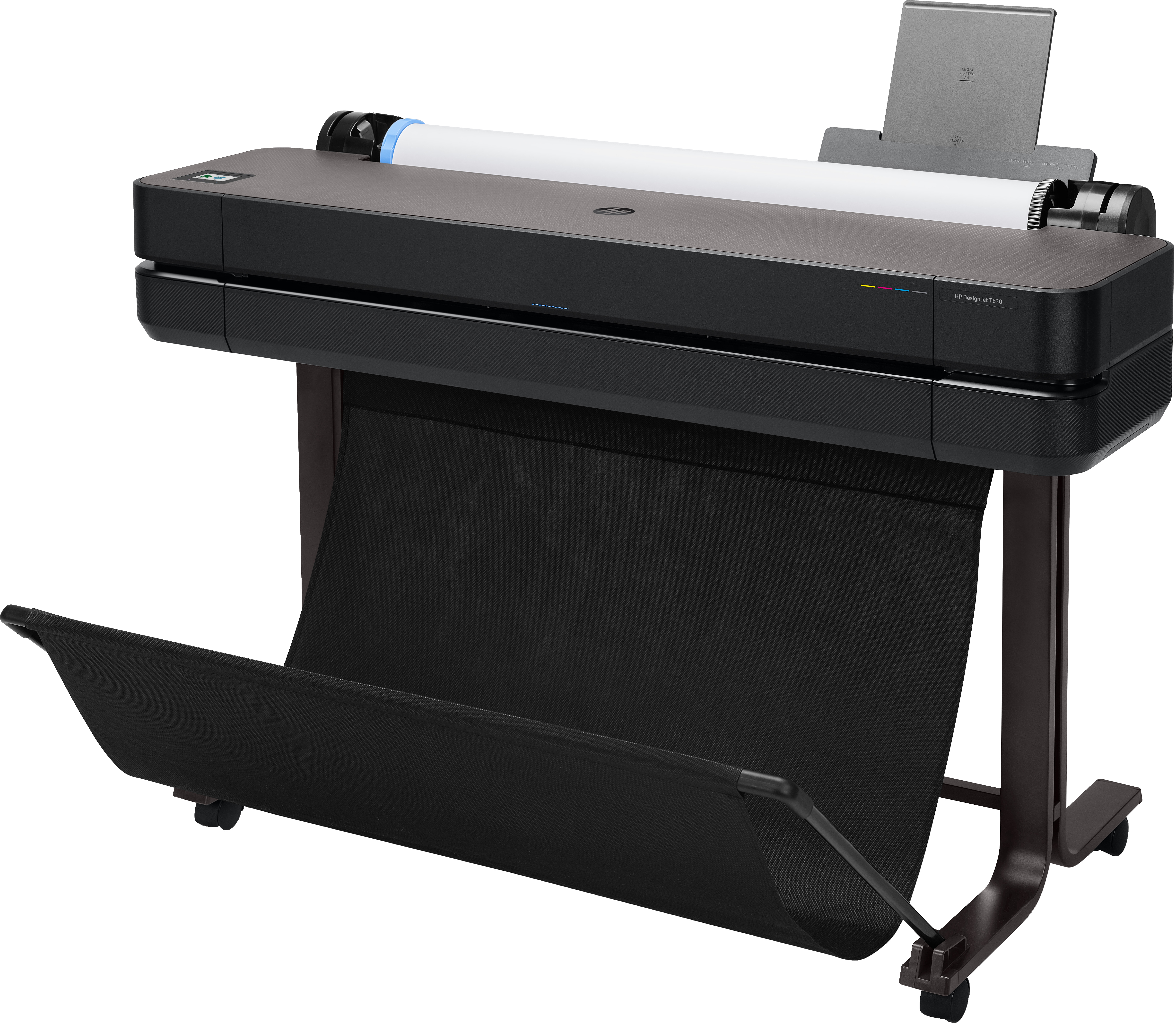 Schwarzer Drucker mit Papierrolle und schwarzem Papierfänger.