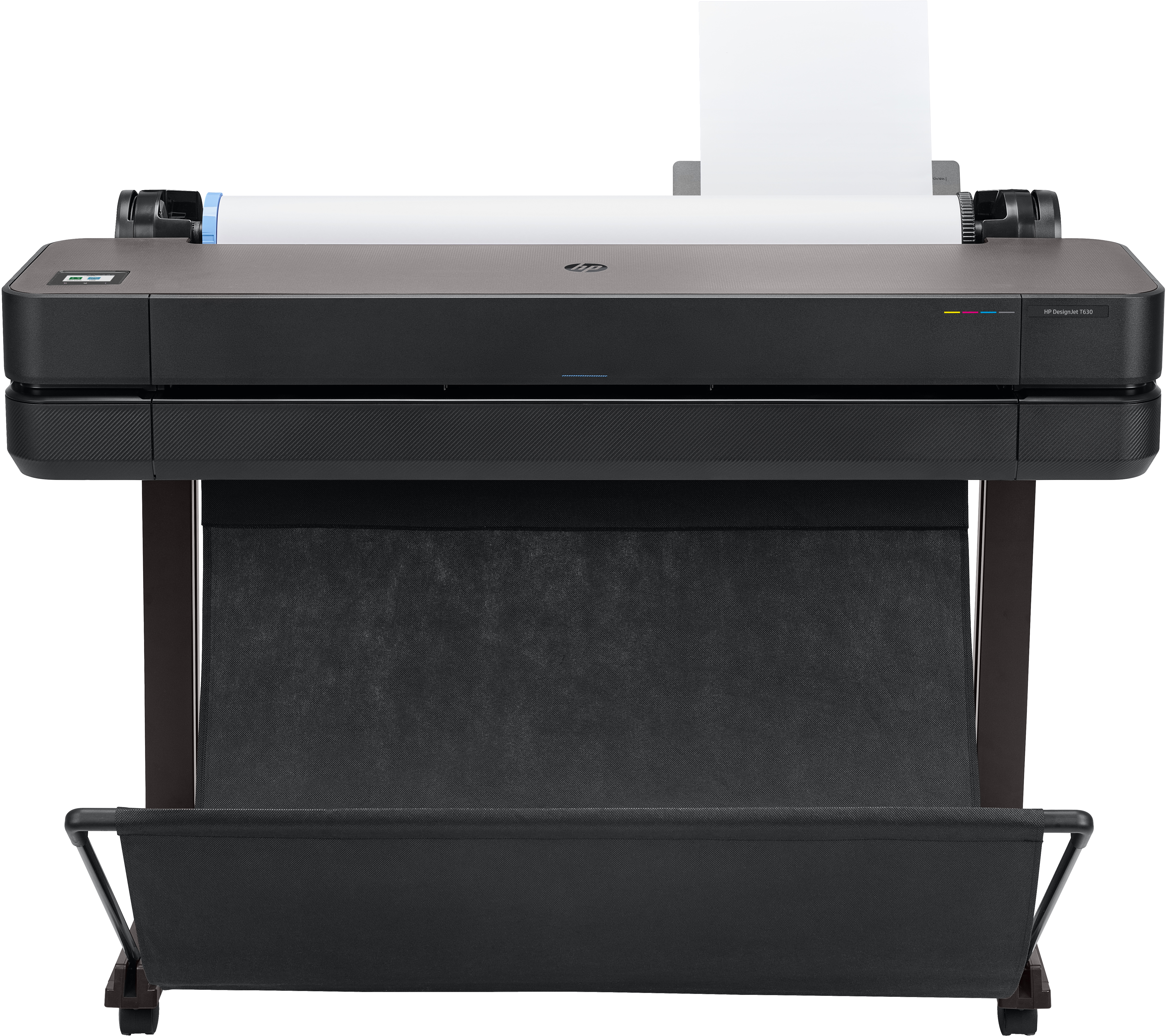 Großer Drucker auf einem Ständer mit Papierrolle und schwarzem Stofffänger.