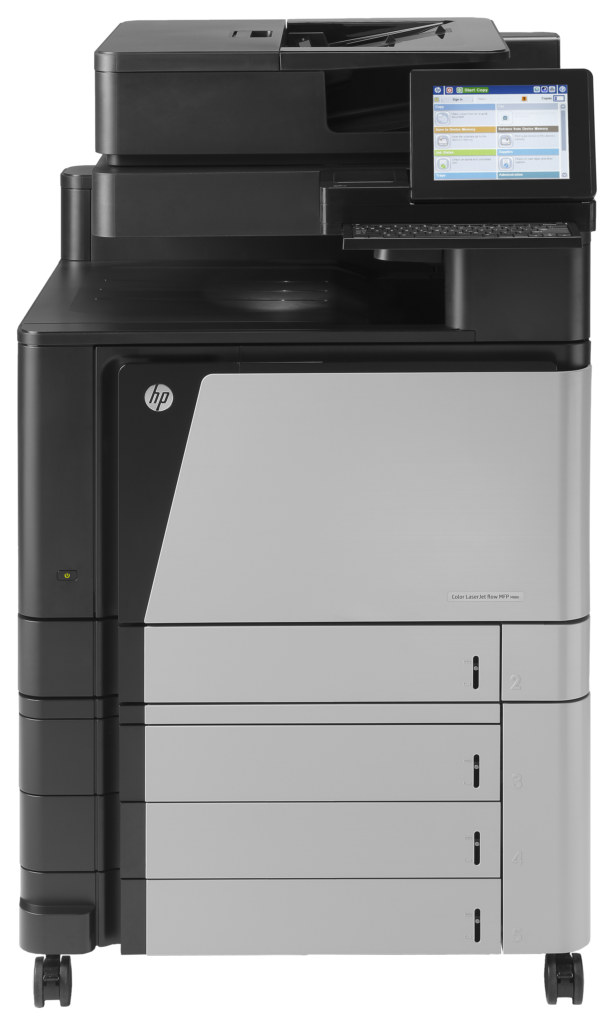 Bürodrucker mit Touchscreen und Papierfächern. Es steht auf Rädern.