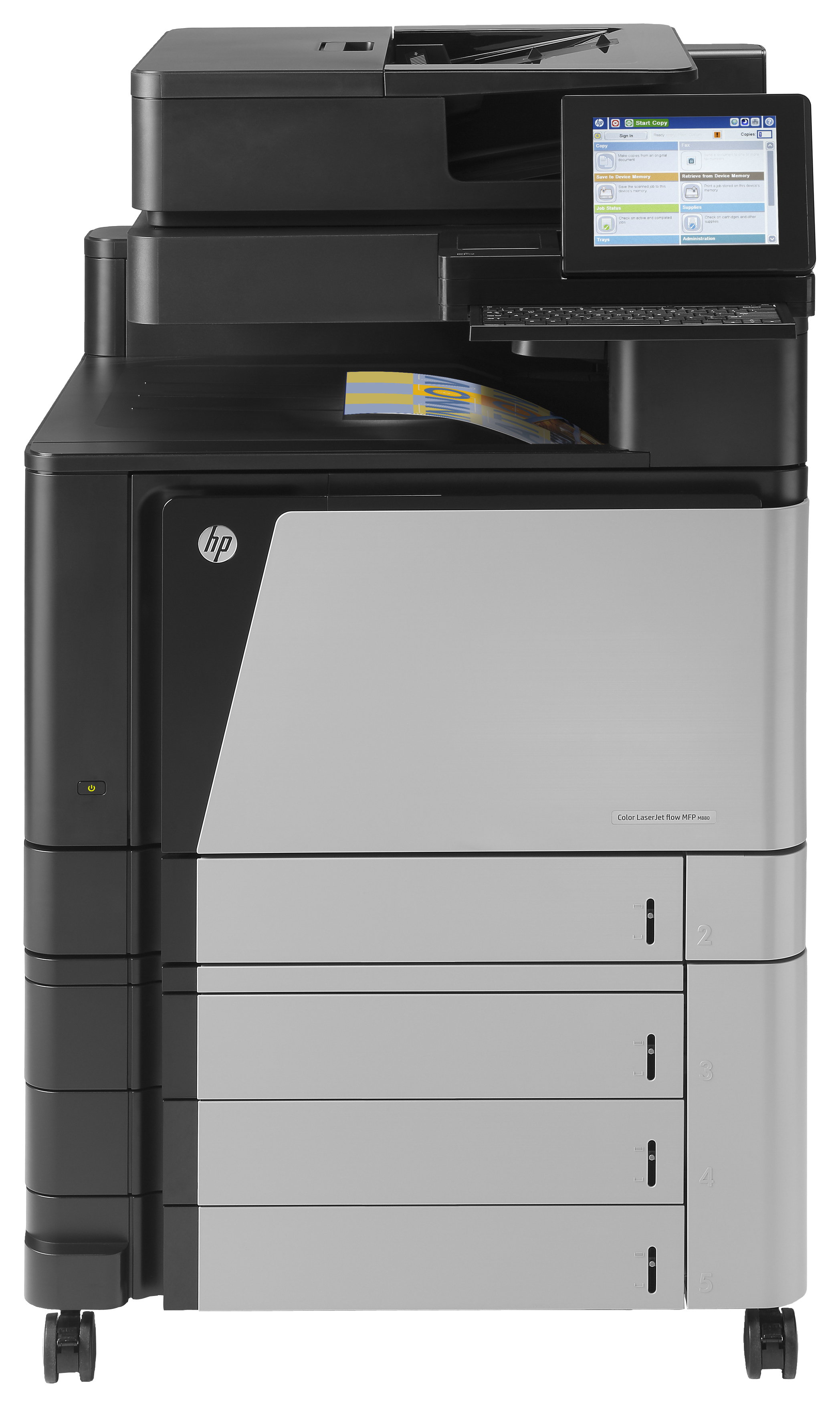 Bürodrucker mit Touchscreen. Der Drucker hat Papier und steht auf Rädern.