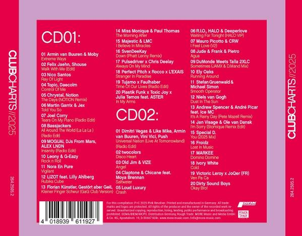 Musikalbum-Rückseite mit Trackliste, rosa Hintergrund und weißem Text. Enthält CD1- und CD2-Listen.