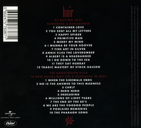 Text mit Trackliste auf einer CD-Hülle. The Honeymoon Files, Ausgabe 2025.