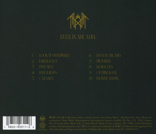 Pochette de CD : Liste des titres de l'album sur fond sombre avec un logo doré en haut.