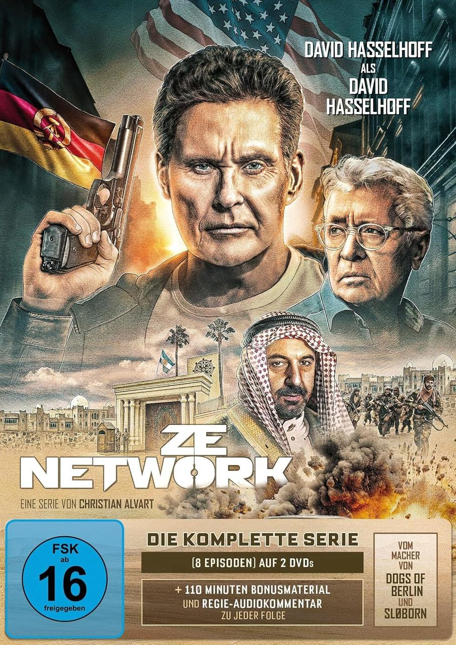 DVD-Cover: David Hasselhoff in ZE NETWORK. Männer mit Waffen und Araber im Hintergrund, Titel.