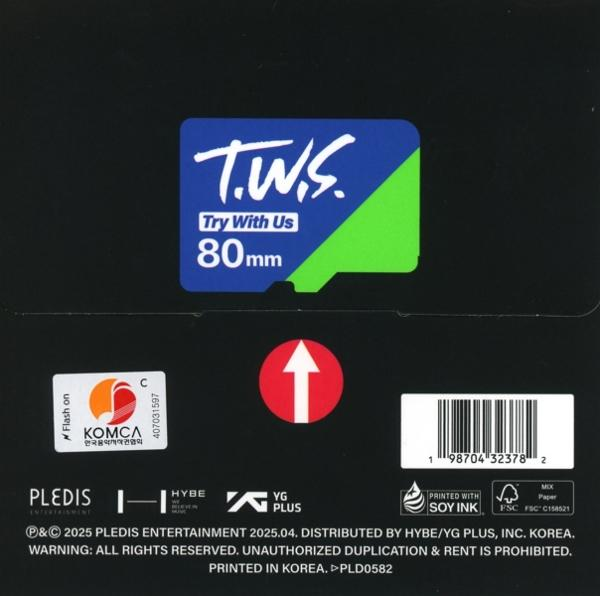 Rückseite mit T.W.S. Try With Us, 80mm, Pfeil, Barcode und Copyright-Informationen.