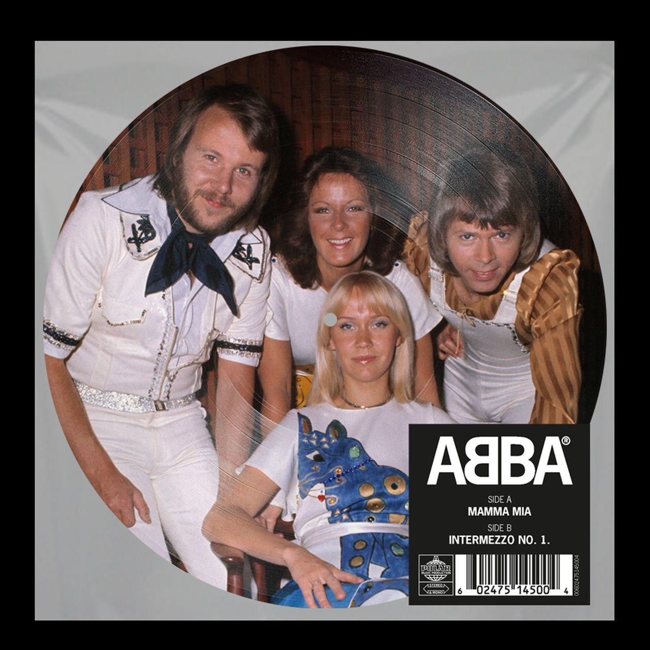 ABBA-Albumcover: Vier Mitglieder posieren. Dunkler Hintergrund. Schwarzer Textkasten mit Albumdetails.