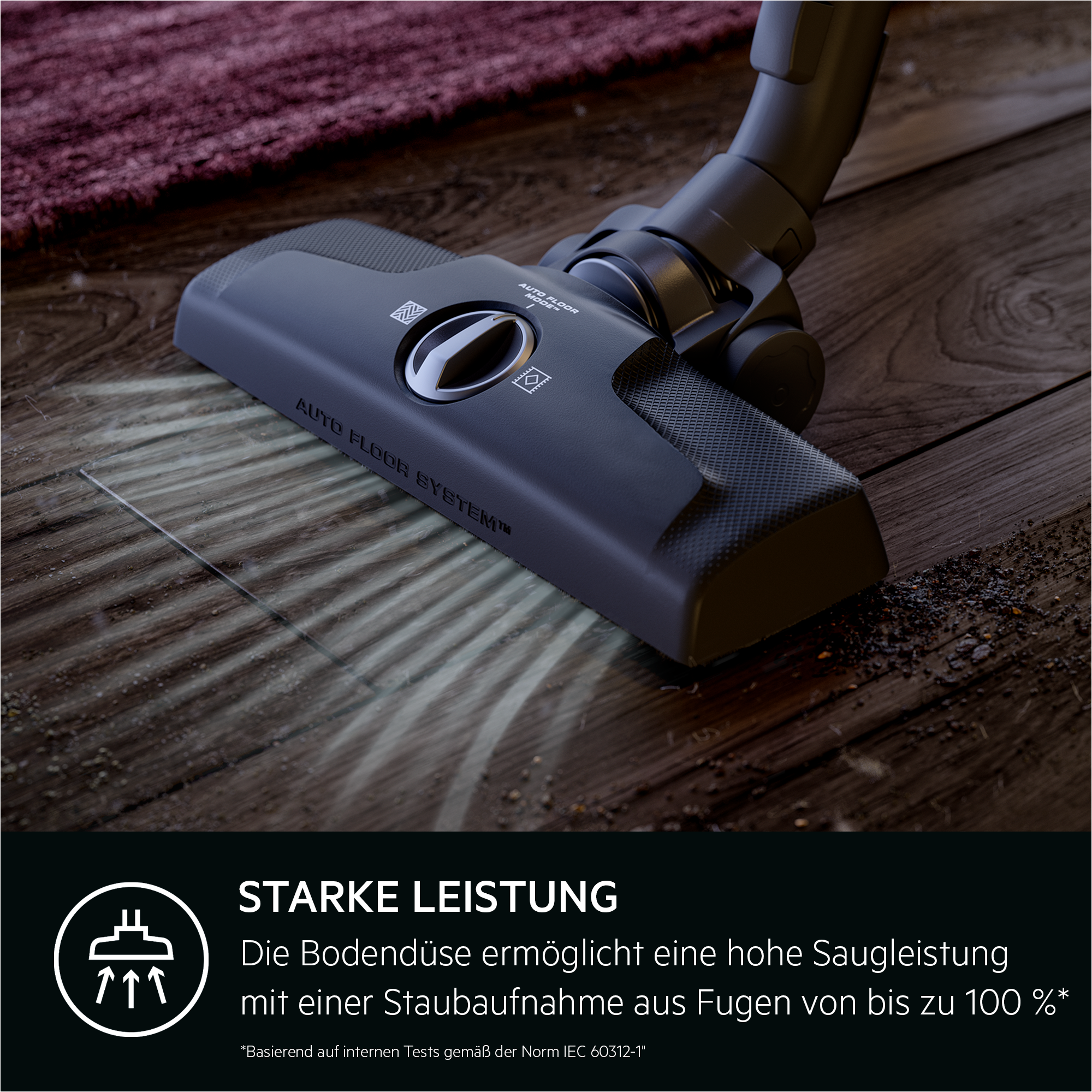 Nahaufnahme des Staubsaugerkopfes auf Holzboden, weiße Linien zeigen den Luftstrom.