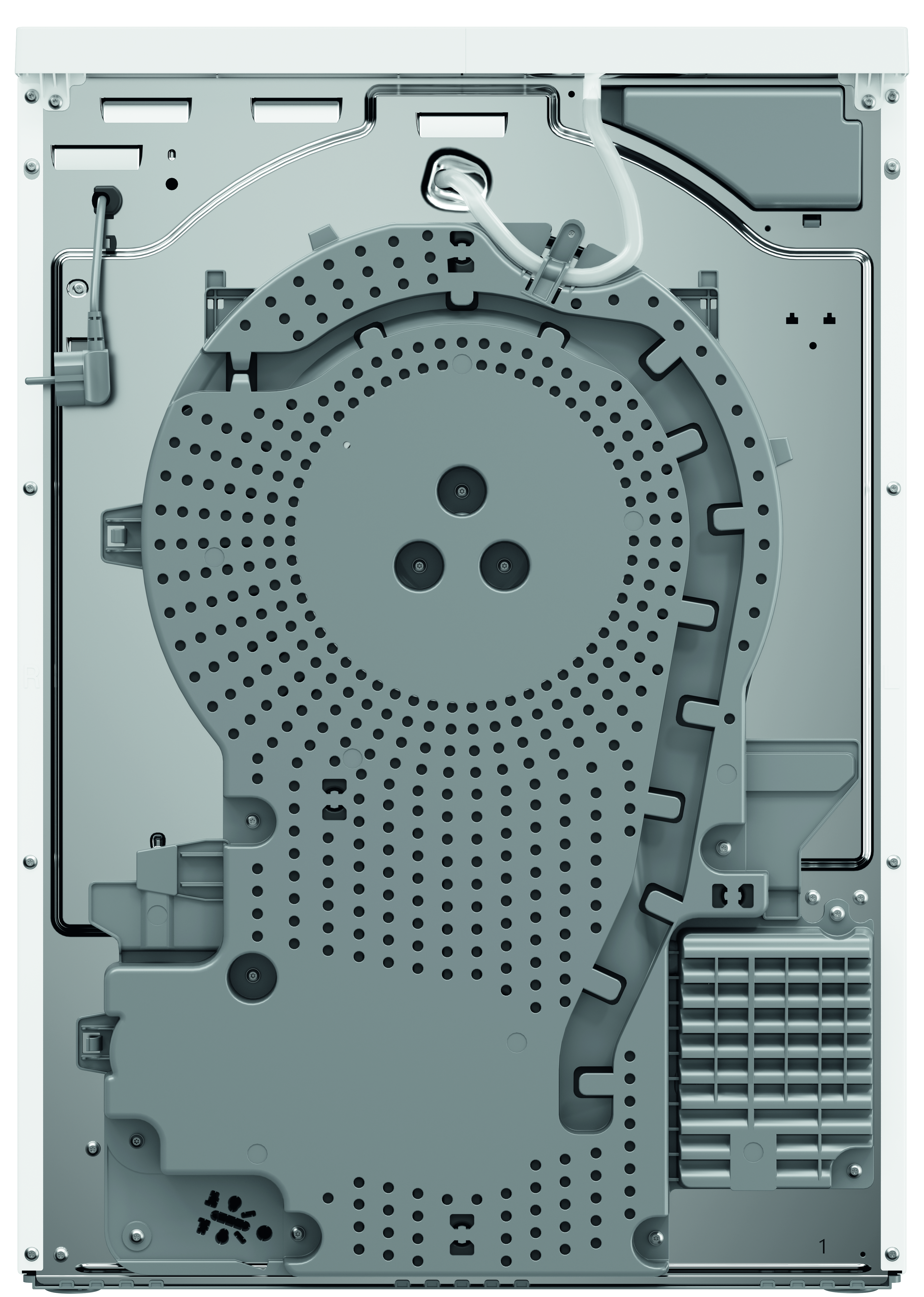 Vue interne d'une machine, avec des composants métalliques gris. Une pièce circulaire perforée domine le centre, entourée d'autres pièces.