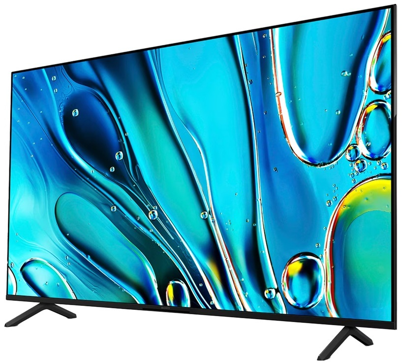 Telewizor Sony pokazujący abstrakcyjny niebiesko-zielony wzór z bąbelkami na ekranie.