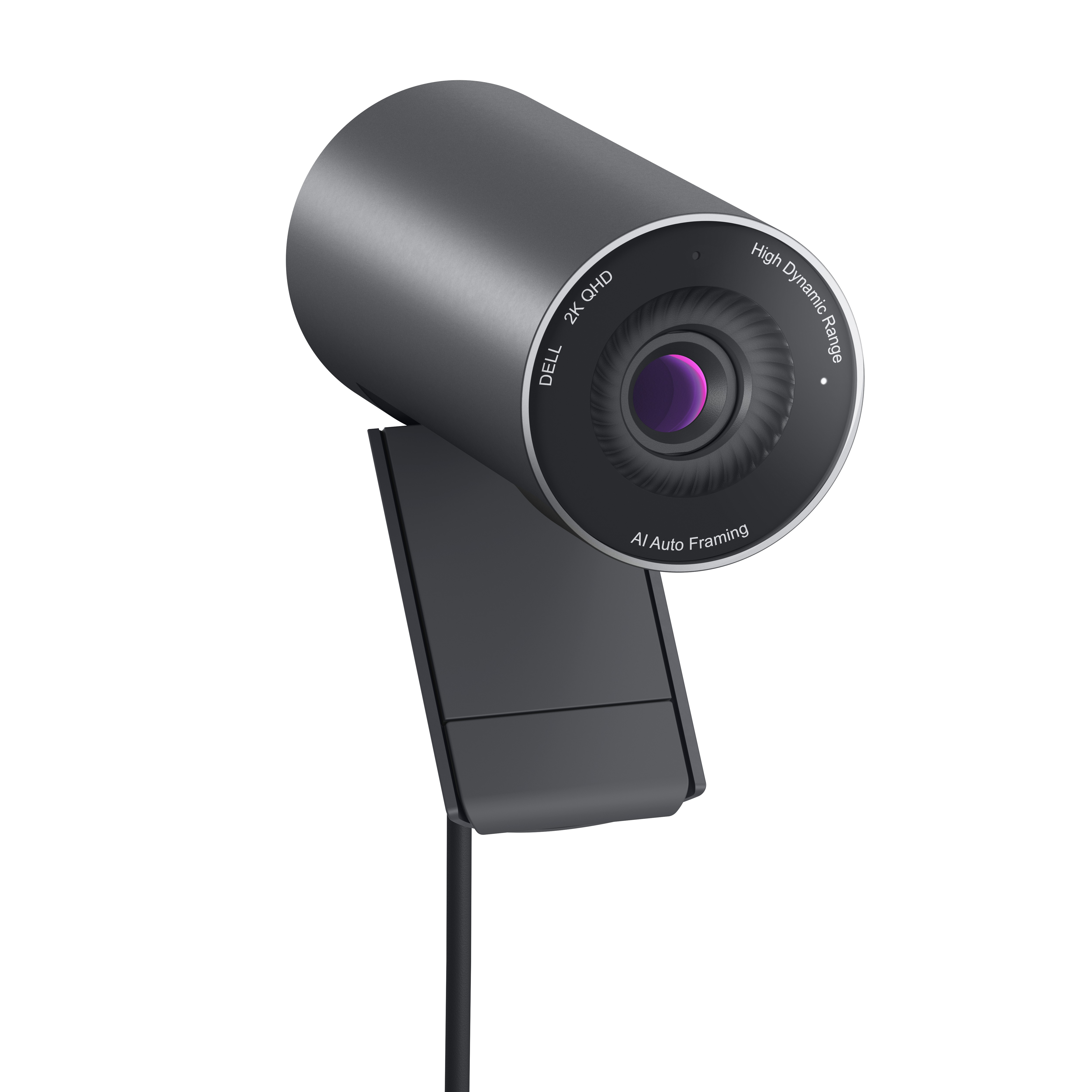 Dell-Webcam. Eine zylindrische schwarze Kamera mit einem Ständer.