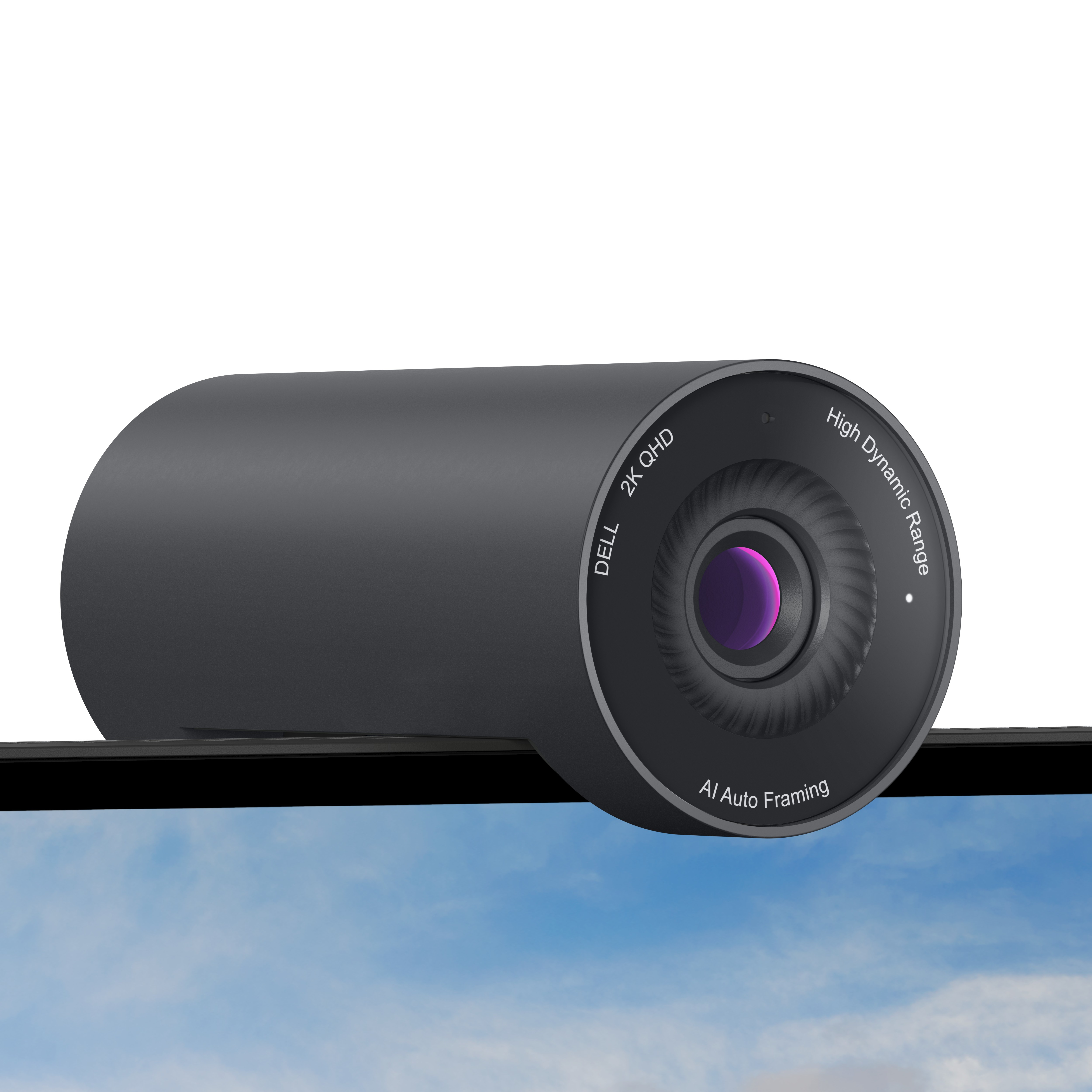 Eine Dell-Webcam befindet sich auf einem Monitor. Die Kamera ist schwarz. Die Linse hat einen rosa Farbton. Der Himmel ist blau.
