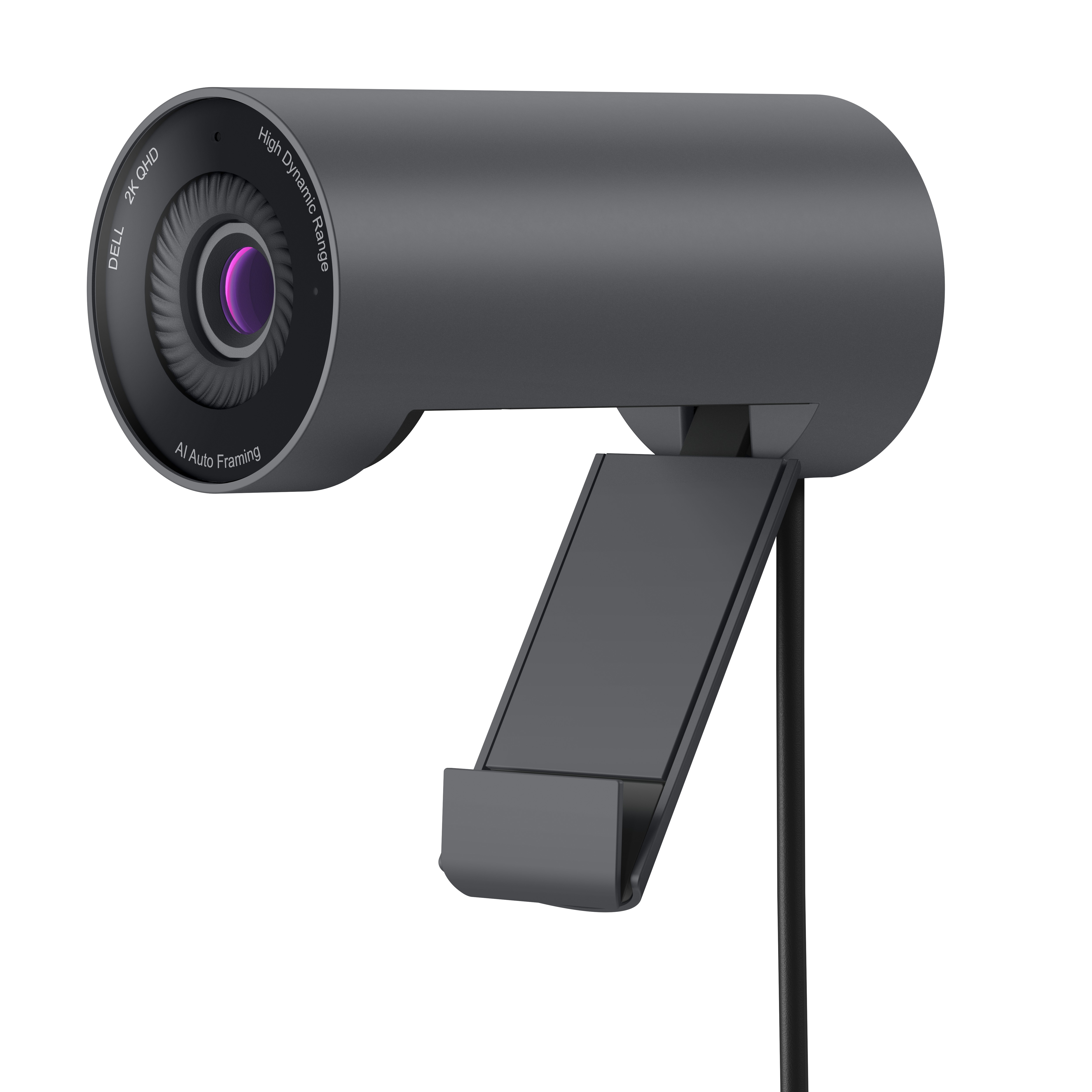 Eine graue Dell-Webcam auf einem Ständer. Zu den Funktionen gehören 2K QHD, High Dynamic Range und AI Auto Framing.