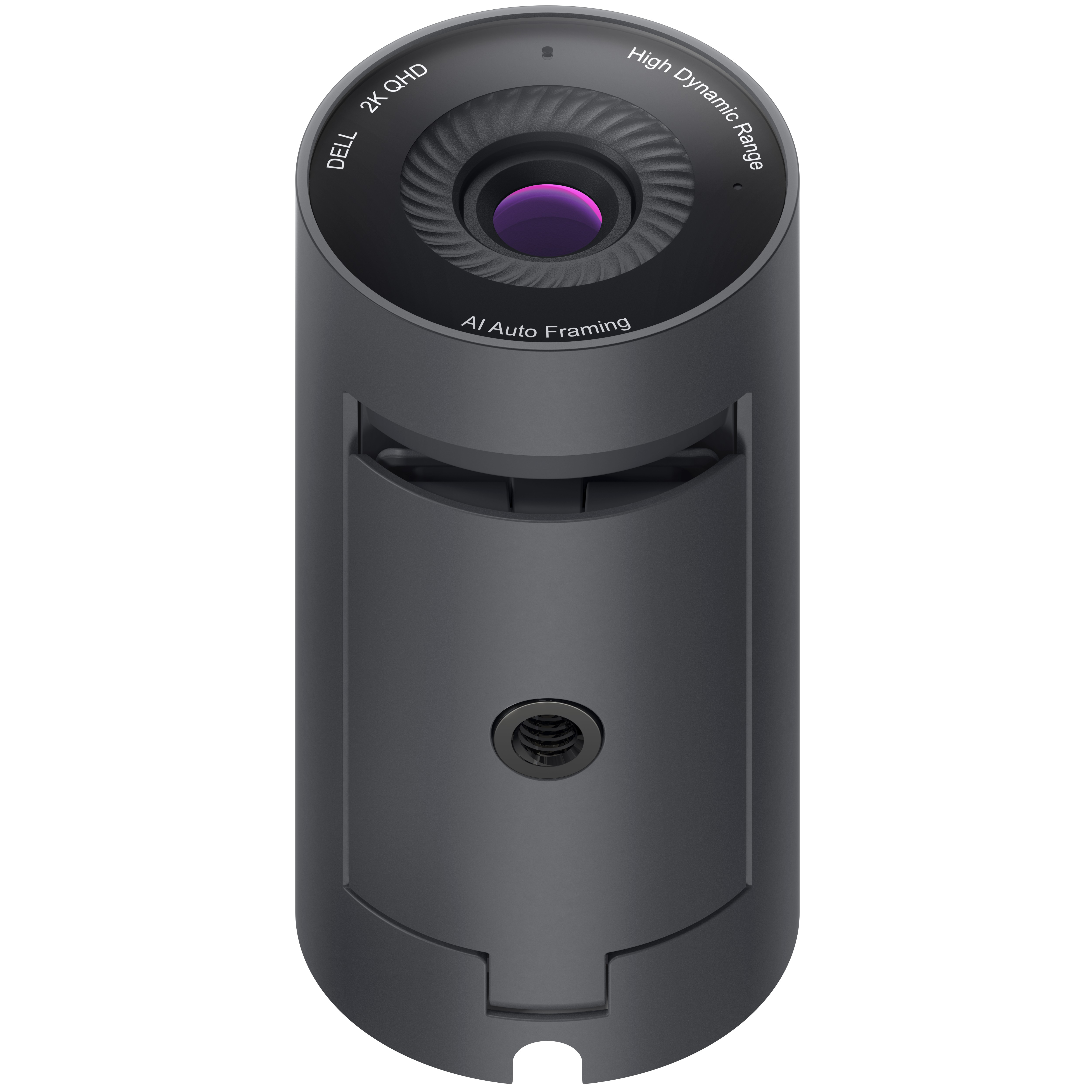 Schwarze zylindrische Dell-Webcam mit Objektiv, Branding und AI Auto Framing.