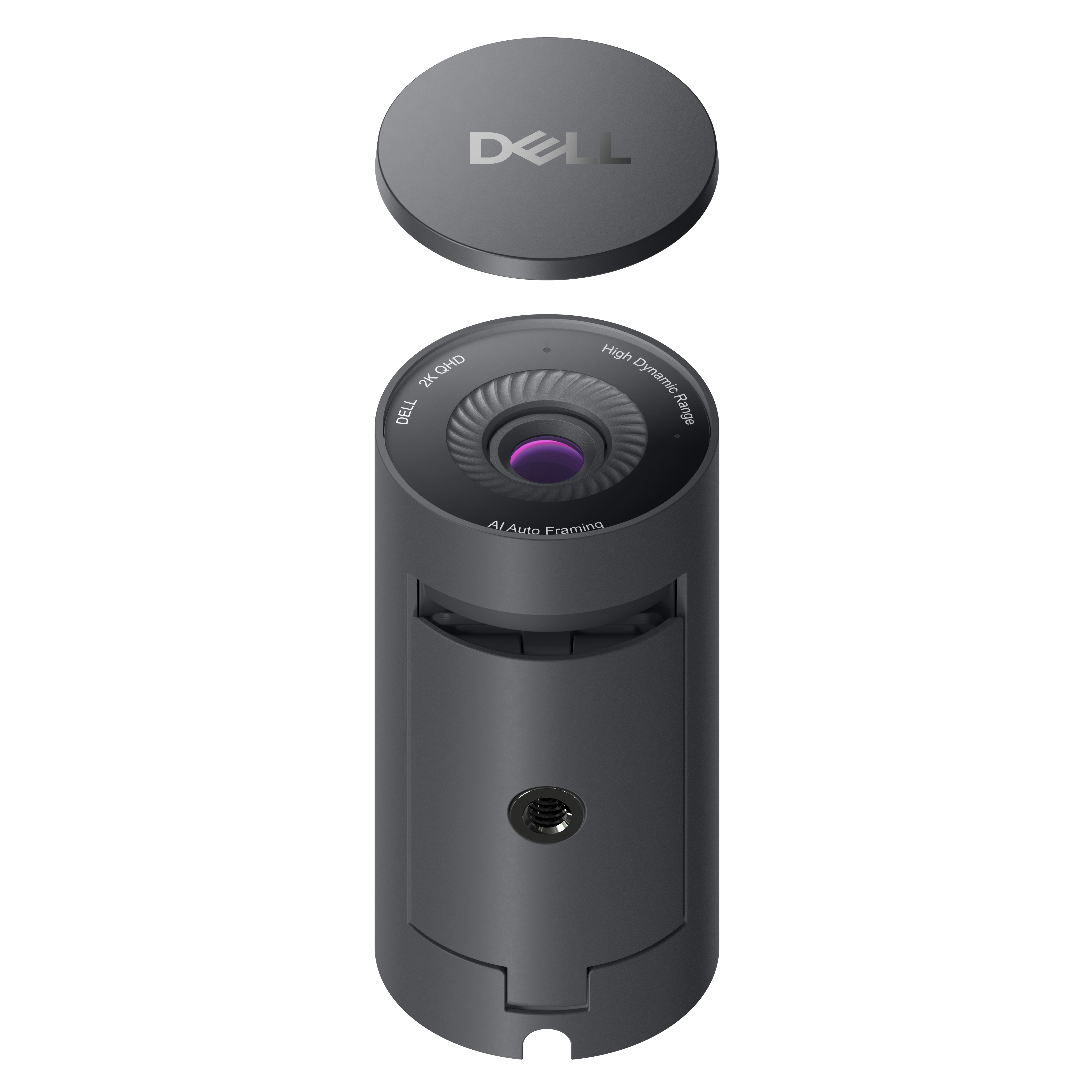 Eine dunkelgraue Dell-Webcam mit abnehmbarer Abdeckung. Sie hat ein Objektiv und eine Stativschraube.